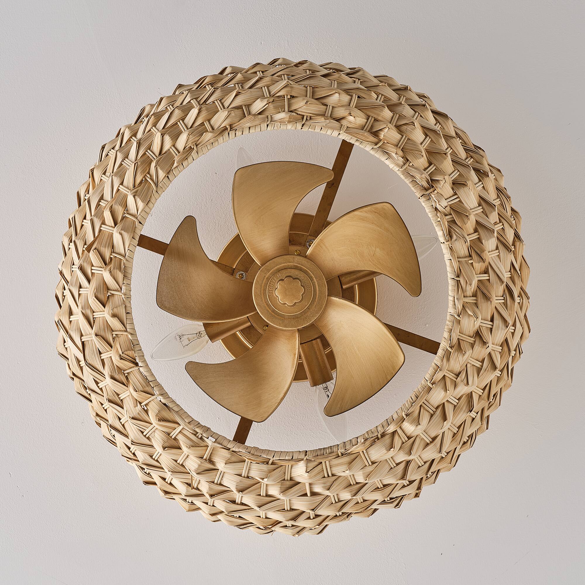Alt View 1. Vaczon - 20" Ceiling Fan with Light and Remote, Flush Mount Low Profile Rattan Ceiling Fan, 6-Speed, Woven Bamboo Shade - Natural Bamboo / Gold.