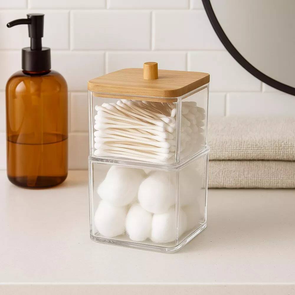 Left. Elle - Acrylic Q tip Dispenser with Bamboo Lid, 2 Tier Stackable Square Cotton Swab & Ball Organizer for Bathroom or Vanity - Clear/Natural Bamboo.