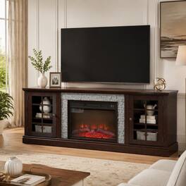 RYHNUYNE - 70-Inch Electric Fireplace TV Stand with Faux Stone Finish, Dual Storage Cabinets, Adjustable Shelves - Cherry