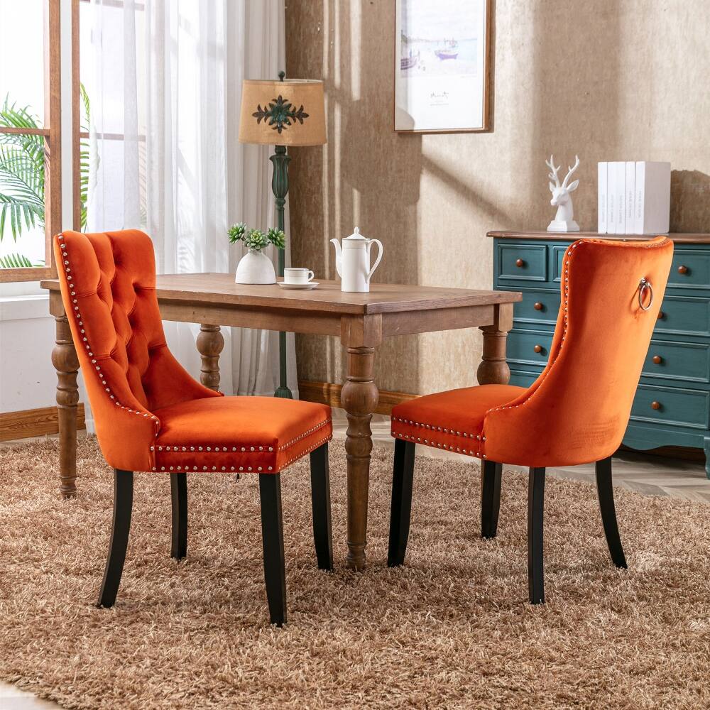 Alt View 8. Loheer - Loheer Orange Velvet Tufted Dining Chairs Set of 2 Solid Wood - Orange.