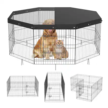 Front. VEVOR - Dog Playpen,8 Panels Foldable Metal Dog Exercise Pen with Top Cover,24"H Pet Fence Puppy Crate Kennel with Ground Stakes.