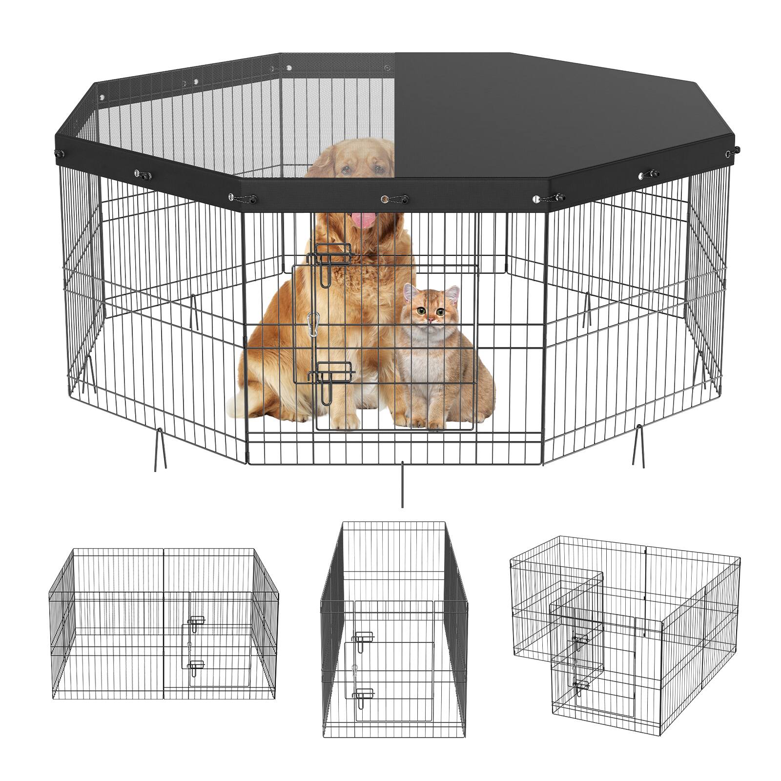 Front. VEVOR - Dog Playpen,8 Panels Foldable Metal Dog Exercise Pen with Top Cover,24"H Pet Fence Puppy Crate Kennel with Ground Stakes.