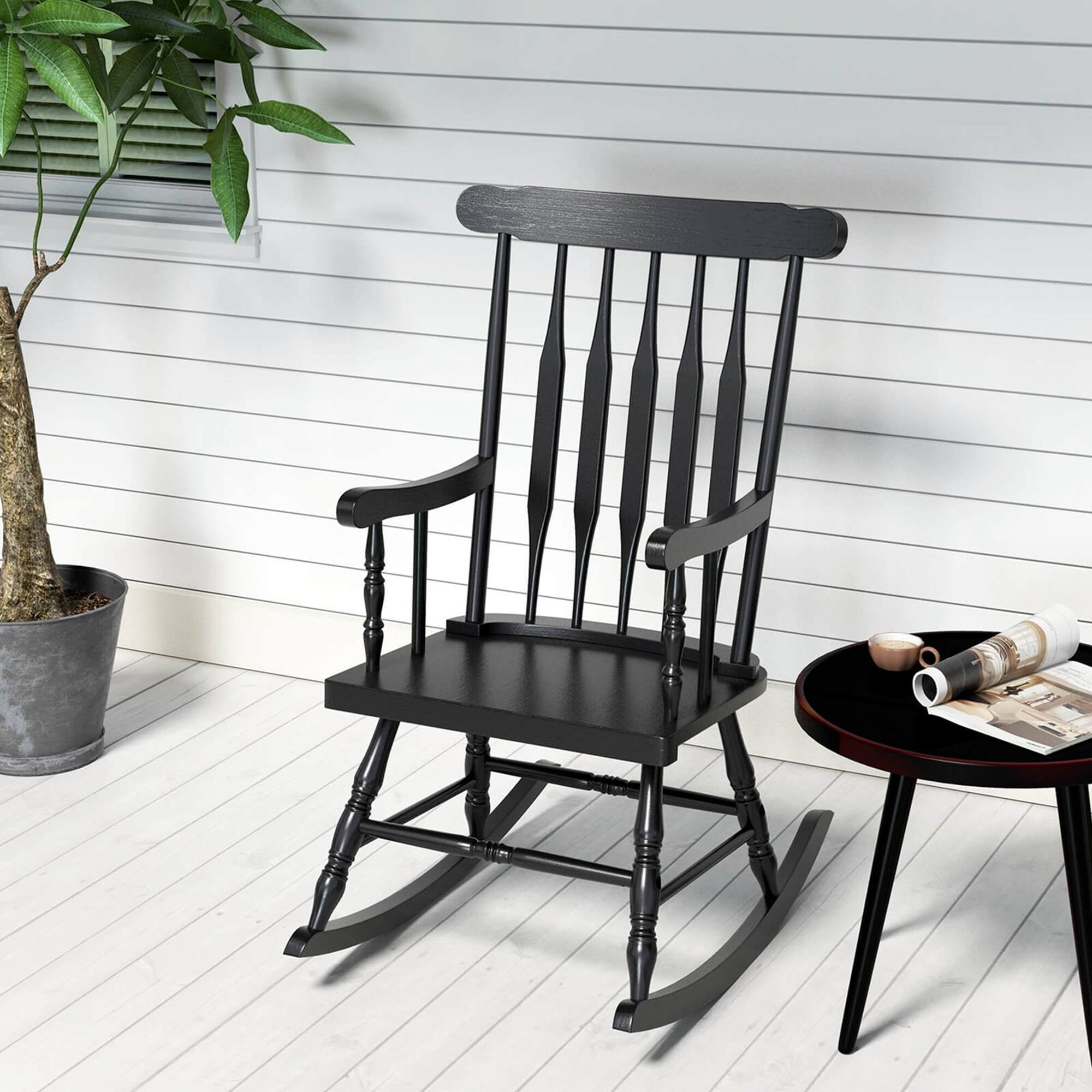Alt View 1. Costway - Costway Solid Wood Rocking Chair Porch Rocker Indoor Outdoor Seat Glossy Finish - Black.
