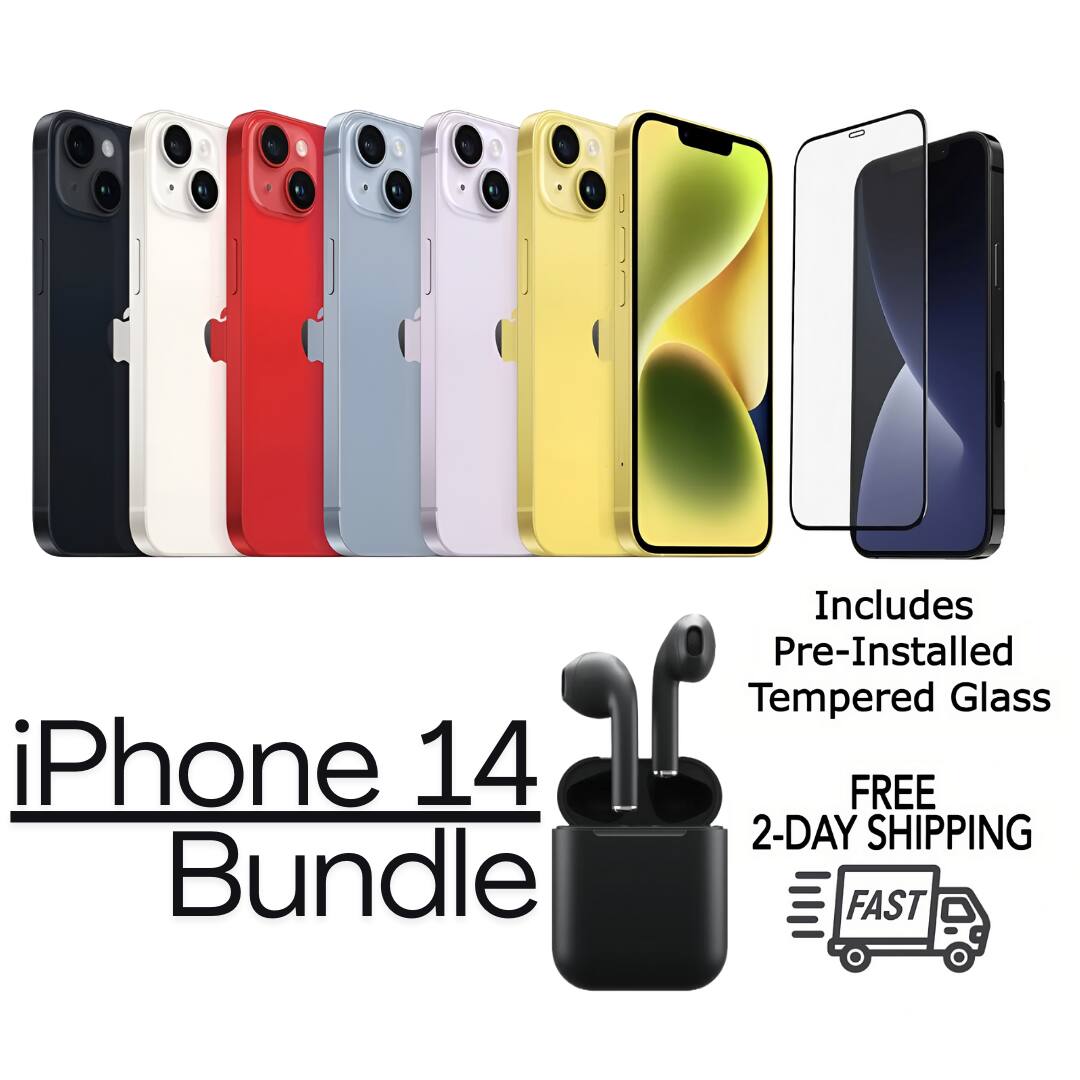 iPhone 14 Bundle  
Includes Pre-Installed Tempered Glass  
FREE 2-DAY SHIPPING  
FAST