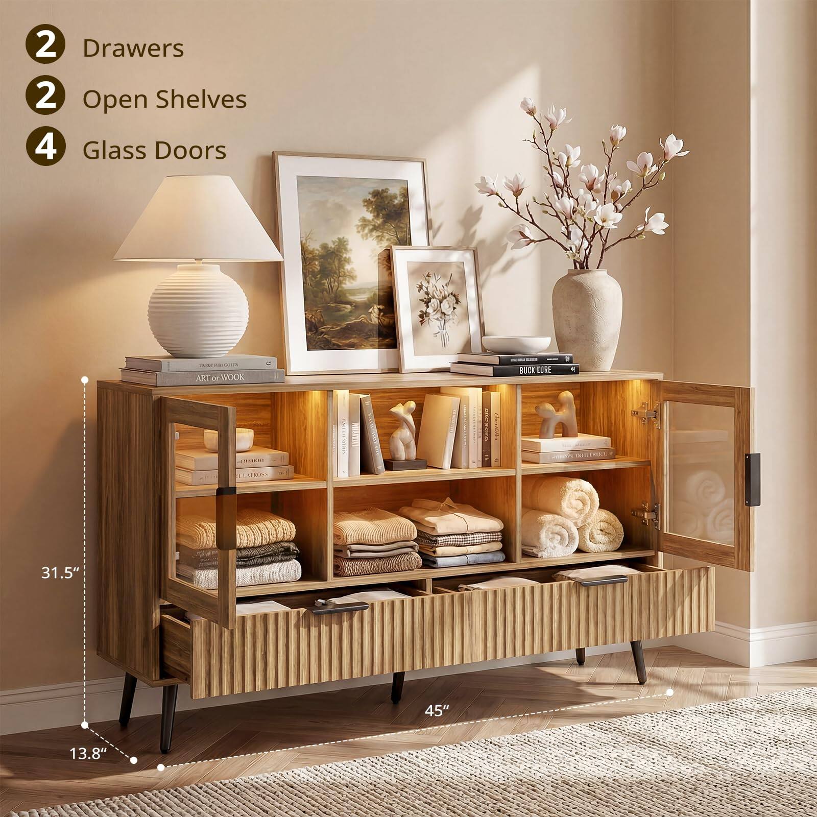 2 Drawers  
2 Open Shelves  
4 Glass Doors  

AKT oEWOOK RICK CORE + ATROS ARANA  

0 dedeas COP DT  

31.5" x 45" x 13.8"