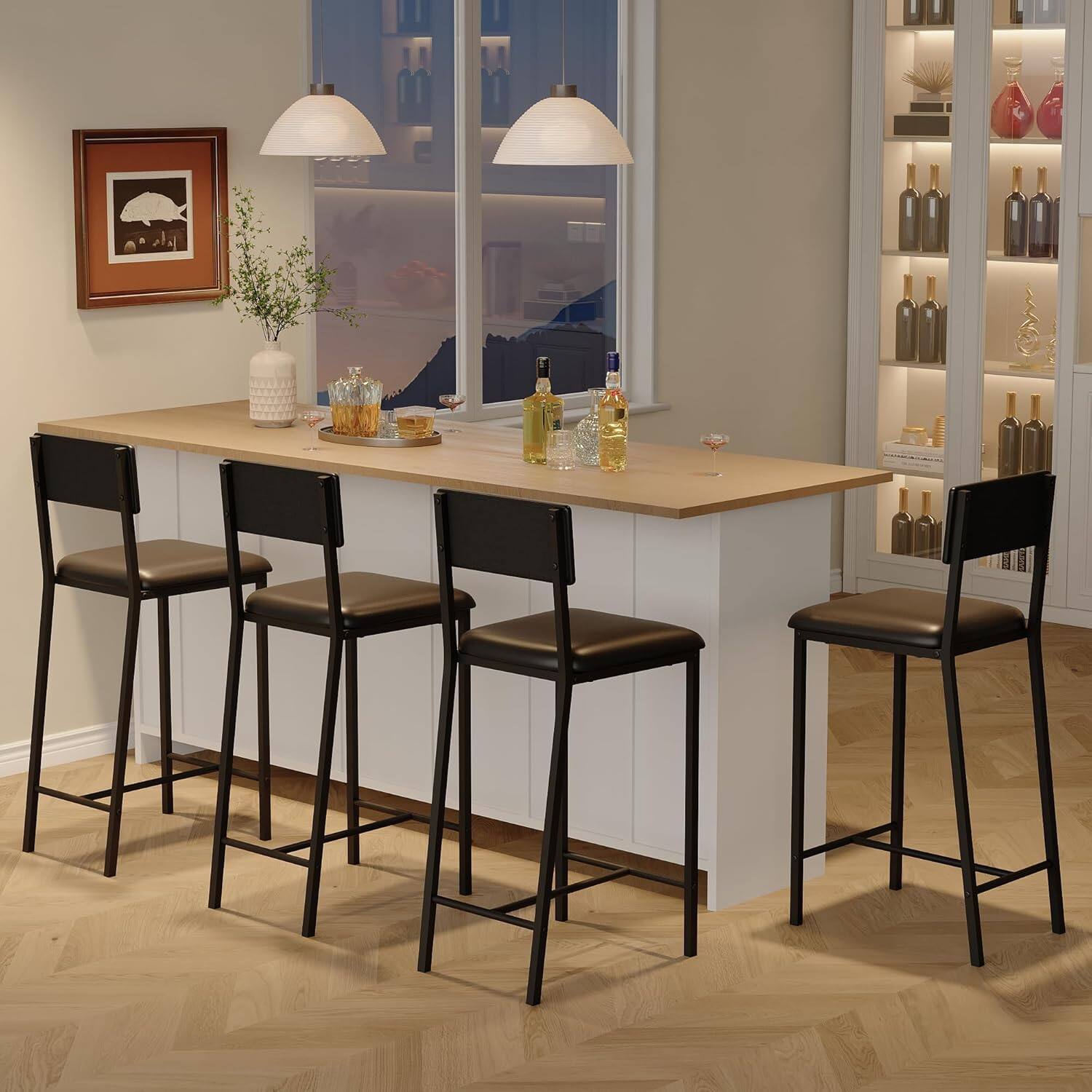 Left. GARVEE - Bar Stools, Set of 4 Dining Chairs, Kitchen Breakfast Chairs with Upholstered, 26" Tall Counter Bar Stools, Black - Black.