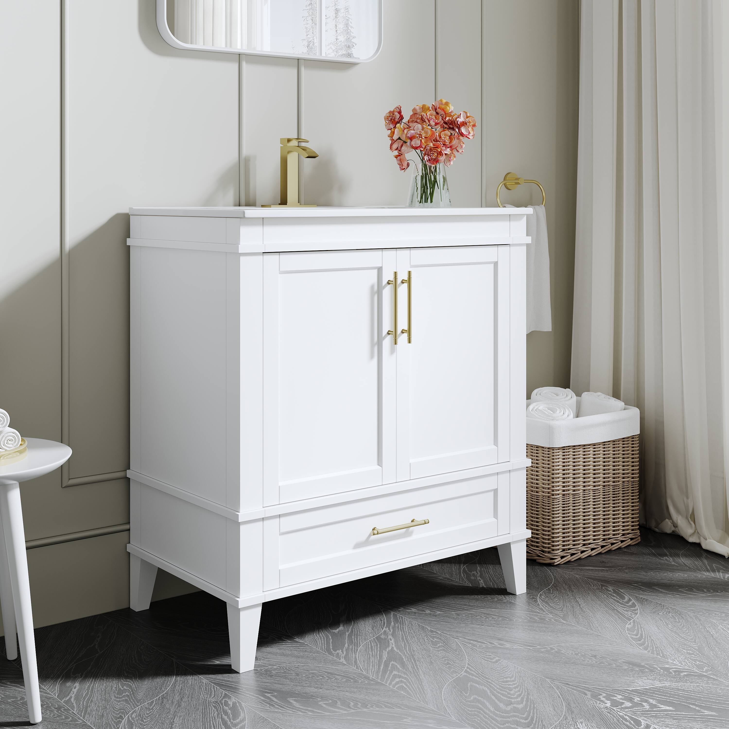 Angle. WELLFOR - FENE 30 in. Solid Wood Bath Vanity with Countertop Basin, Single Sink - White.