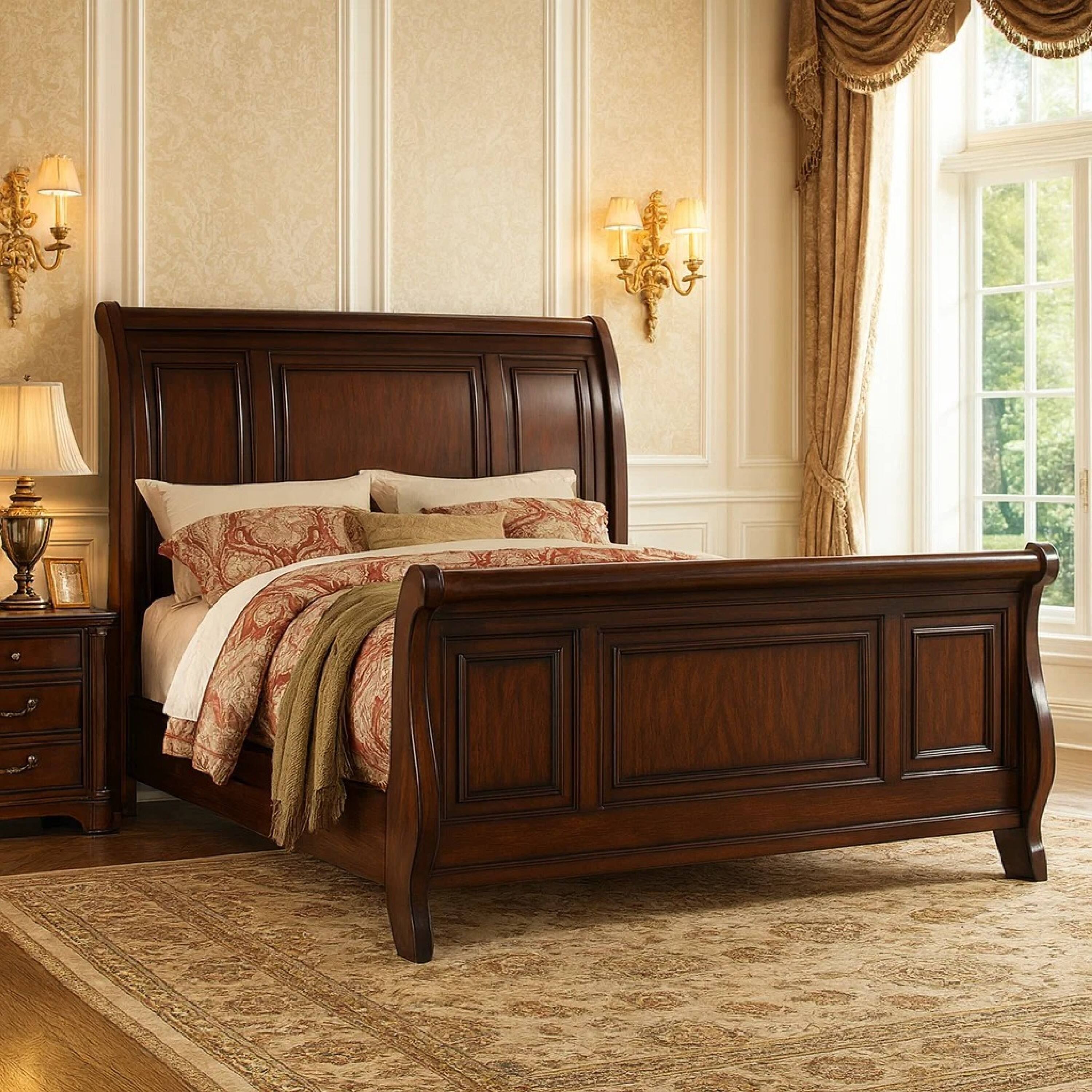 Alt View 2. Manhattan Lane - Marvelous Wooden Queen Bed, Antique Cherry Finish - Brown.