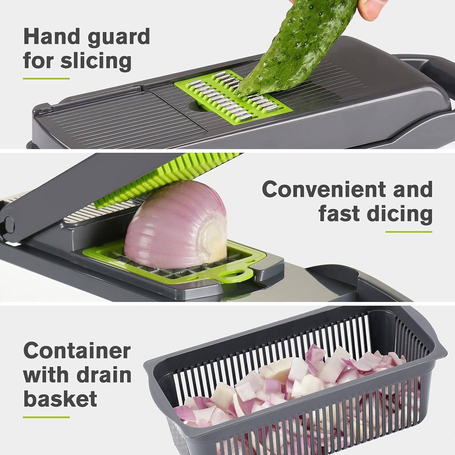 Hand guard for slicing, Convenient and fast dicing, Container with drain basket