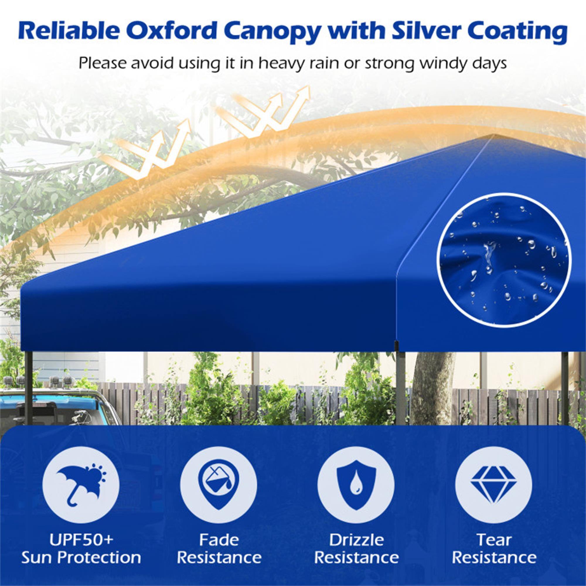 Reliable Oxford Canopy with Silver Coating  
Please avoid using it in heavy rain or strong windy days  

UPF50+ Sun Protection  
Fade Resistance  
Drizzle Resistance  
Tear Resistance