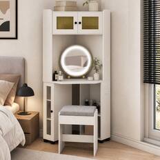 Front. WELLFOR - Compact Corner Vanity Desk with 360° Rotating 3‑Color Lighted Mirror,Charging Station and Padded Stool for Bedroom - White.