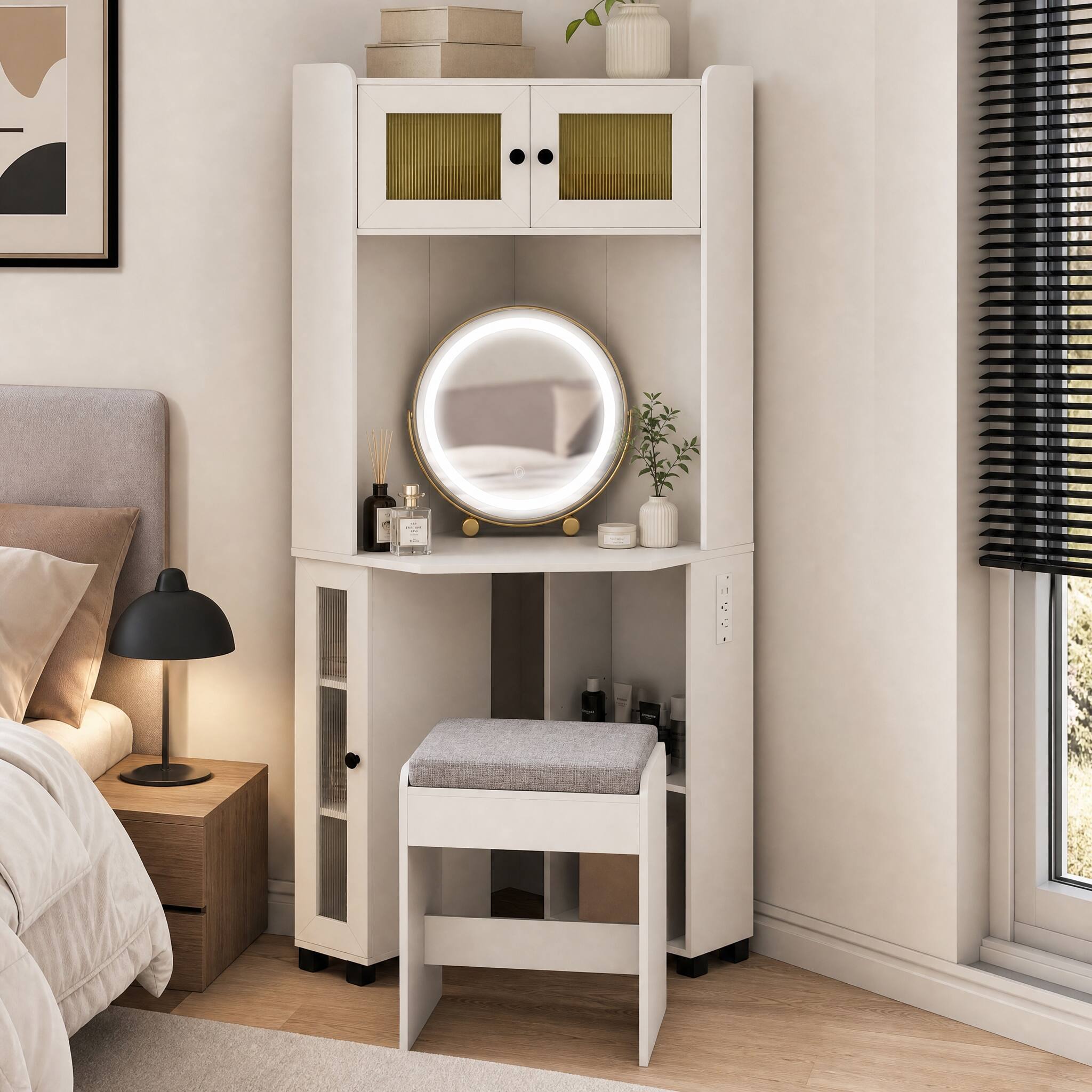 Front. WELLFOR - Compact Corner Vanity Desk with 360° Rotating 3‑Color Lighted Mirror,Charging Station and Padded Stool for Bedroom - White.
