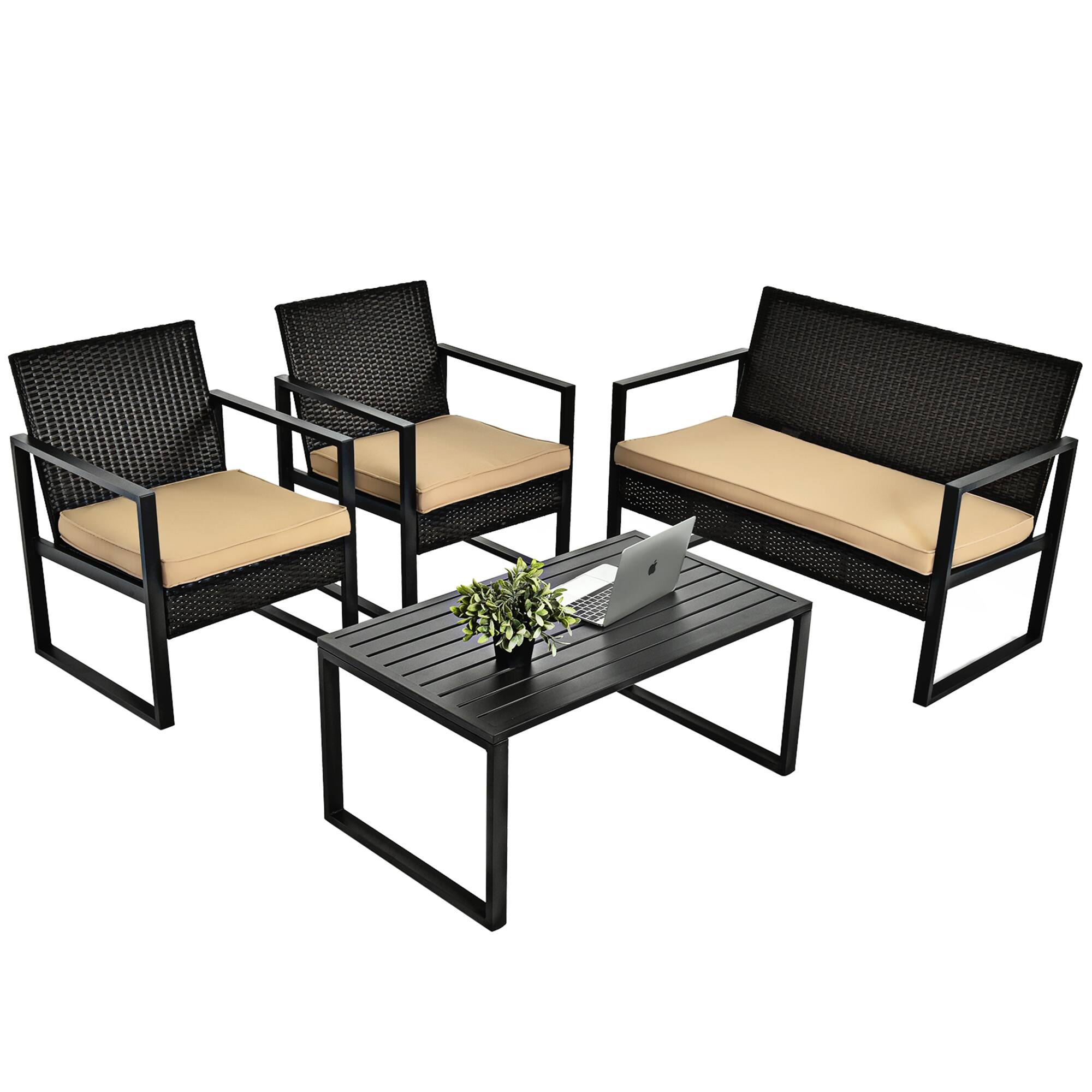 Alt View 5. Gymax - Gymax 4PCS Outdoor Wicker Rattan Furniture Set Patio Conversation Set w/ Cushions - Beige.