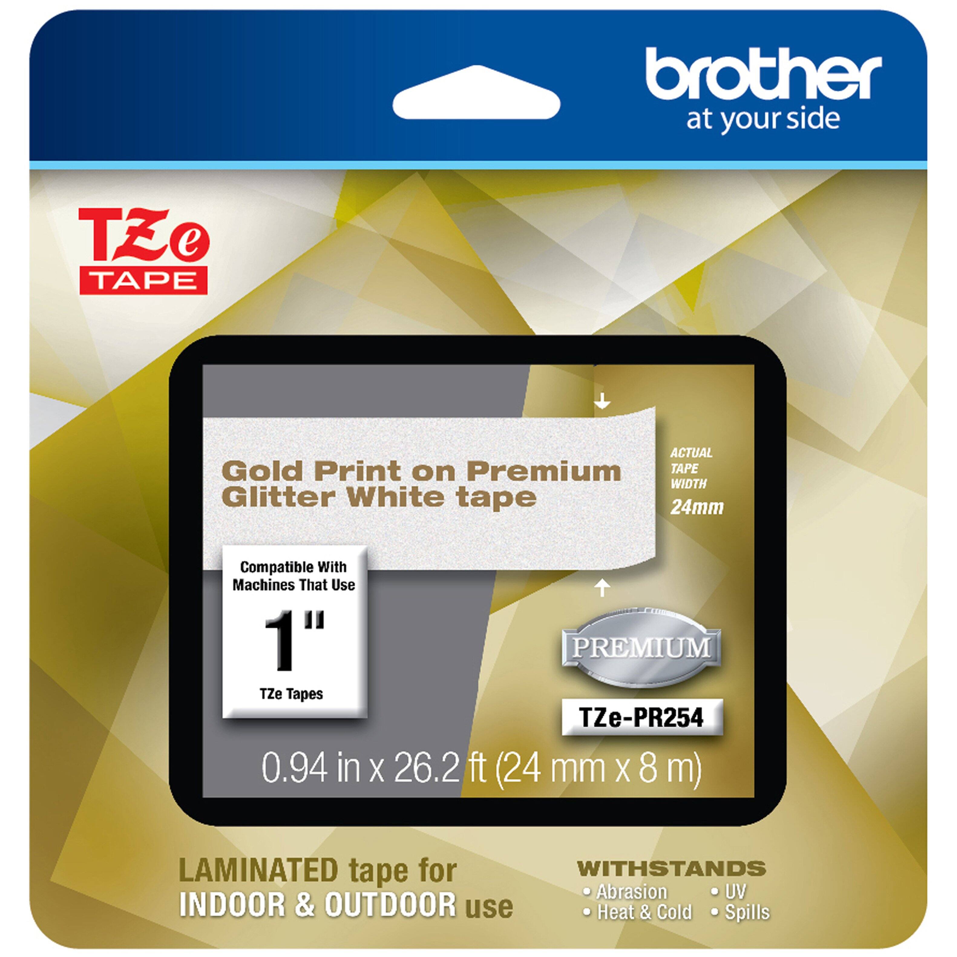 - **Brother** at your side
- **TZ**e TAPE
- Gold Print on Premium Glitter White tape
- Compatible With Machines That Use 1" TZ**e** Tapes
- 0.94 in x 26.2 ft (24 mm x 8 m)
- LAMINATED tape for INDOOR & OUTDOOR use
- WITHSTANDS Abrasion, UV, Heat & Cold, Spills
- PREMIUM TZ**e**-PR254
- ACTUAL TAPE WIDTH 24mm