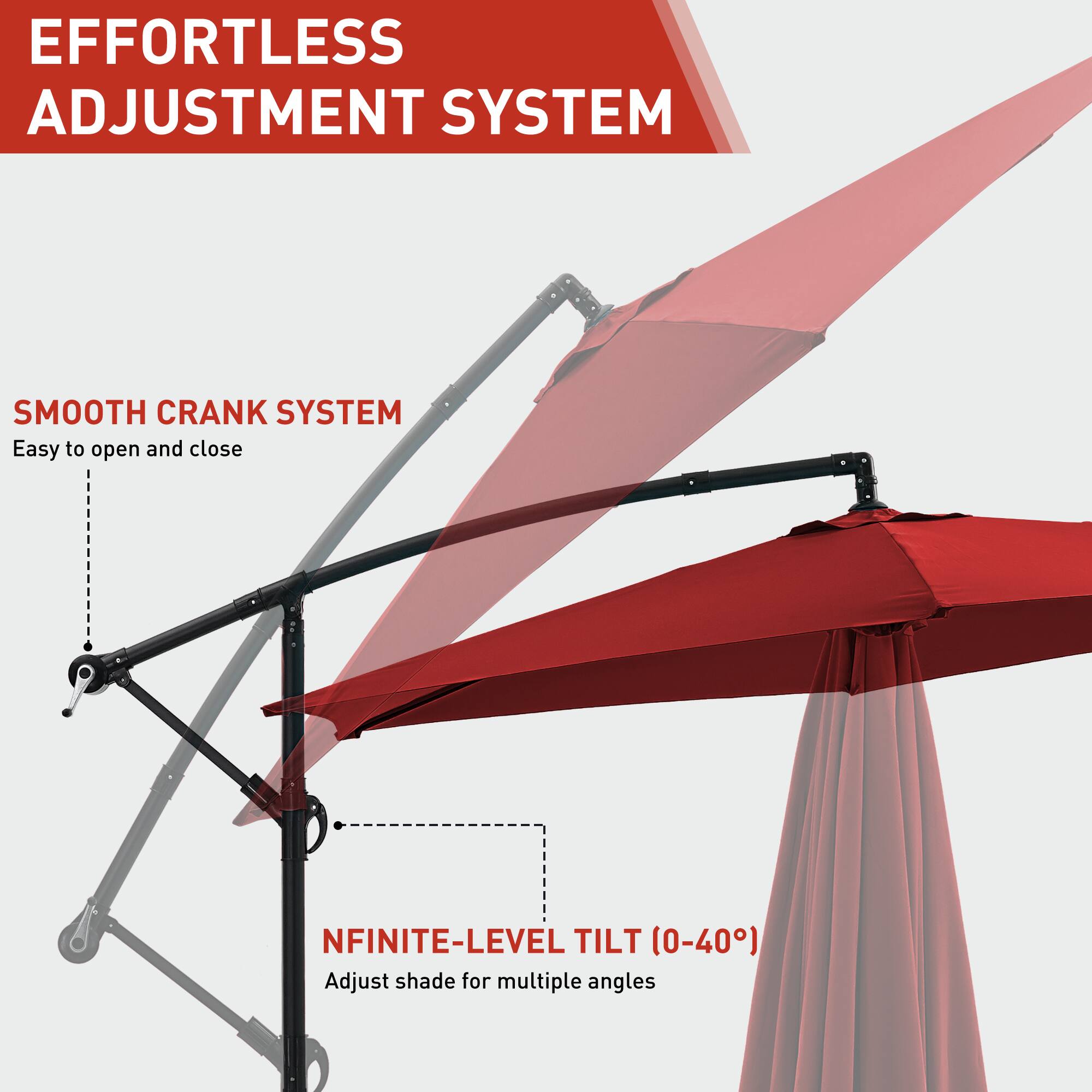 EFFORTLESS ADJUSTMENT SYSTEM

SMOOTH CRANK SYSTEM
Easy to open and close

INFINITE-LEVEL TILT (0-40°)
Adjust shade for multiple angles