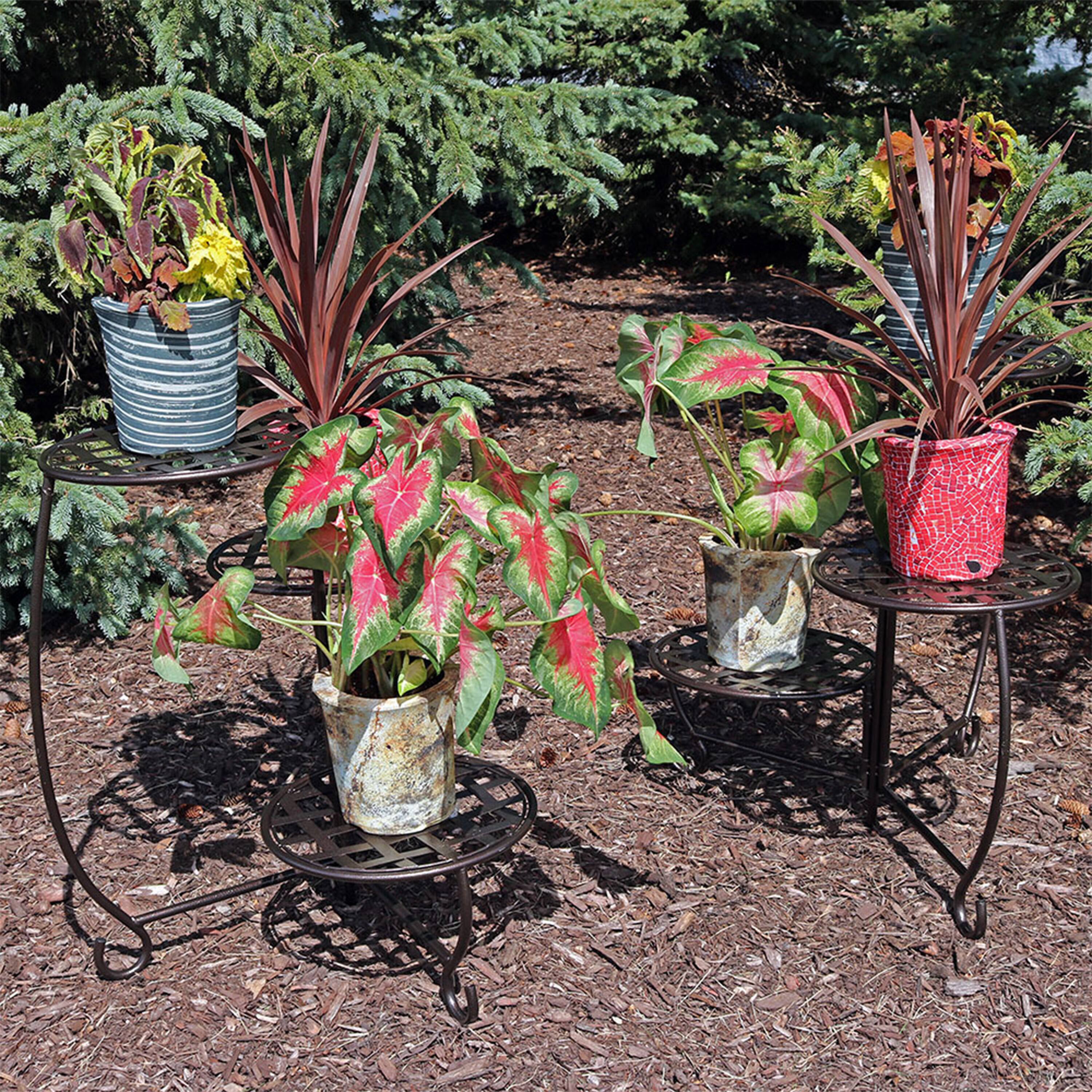 Alt View 4. Sunnydaze - 3-Tier Triple Plant Stand with Checkered Base - 24 in - Set of 2 - Bronze.