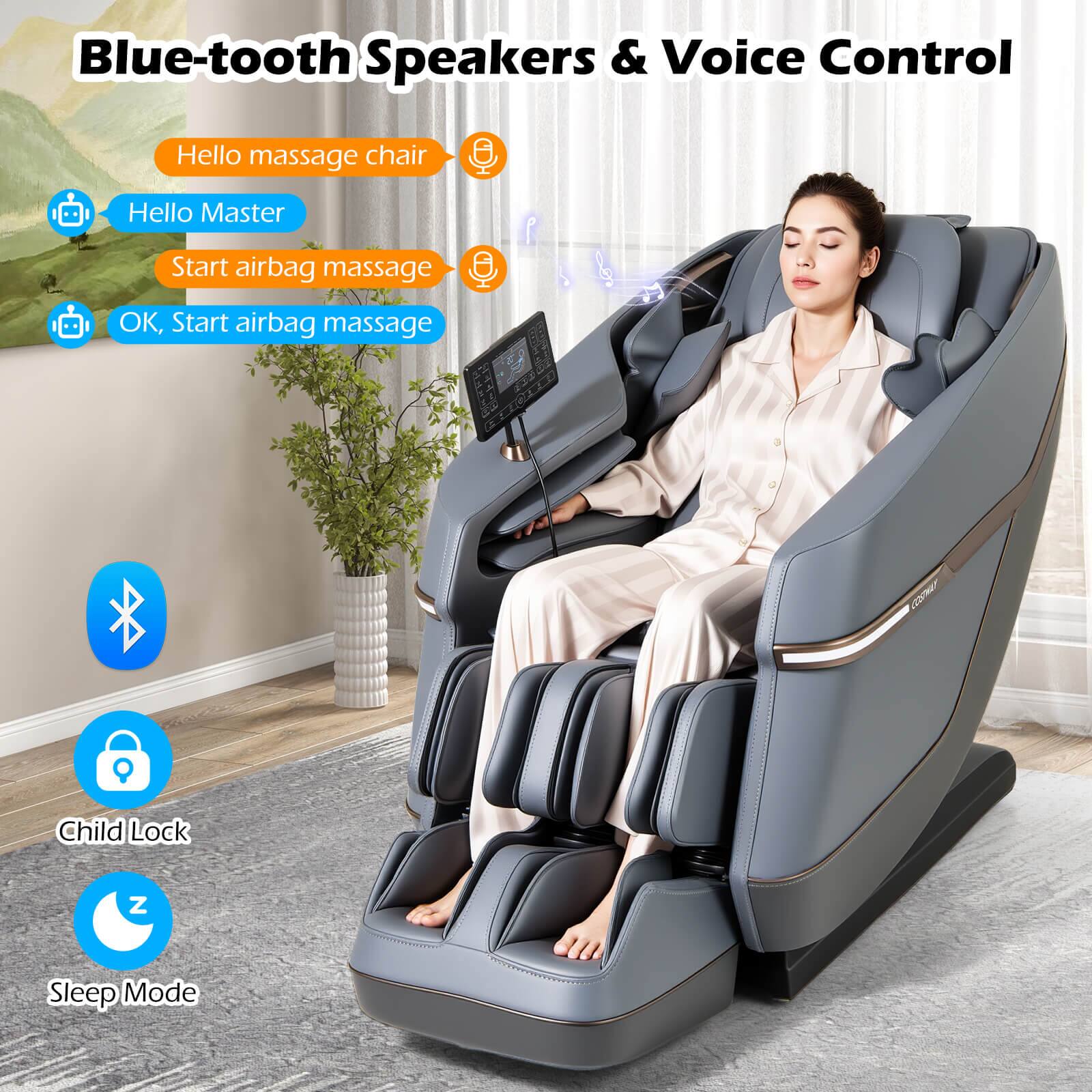 Blue-tooth Speakers & Voice Control: This feature allows the user to control the massage chair using a voice command or a Bluetooth device.

Hello massage chair: This is a greeting message displayed on the massage chair, welcoming the user to the device.

OK, Start airbag massage: This is a prompt for the user to start the airbag massage feature on the massage chair.

Child Lock: This feature ensures the safety of children by locking the massage chair when not in use.

Z Sleep Mode: This feature allows the user to enter a sleep mode, which can help them relax and fall asleep during the massage.