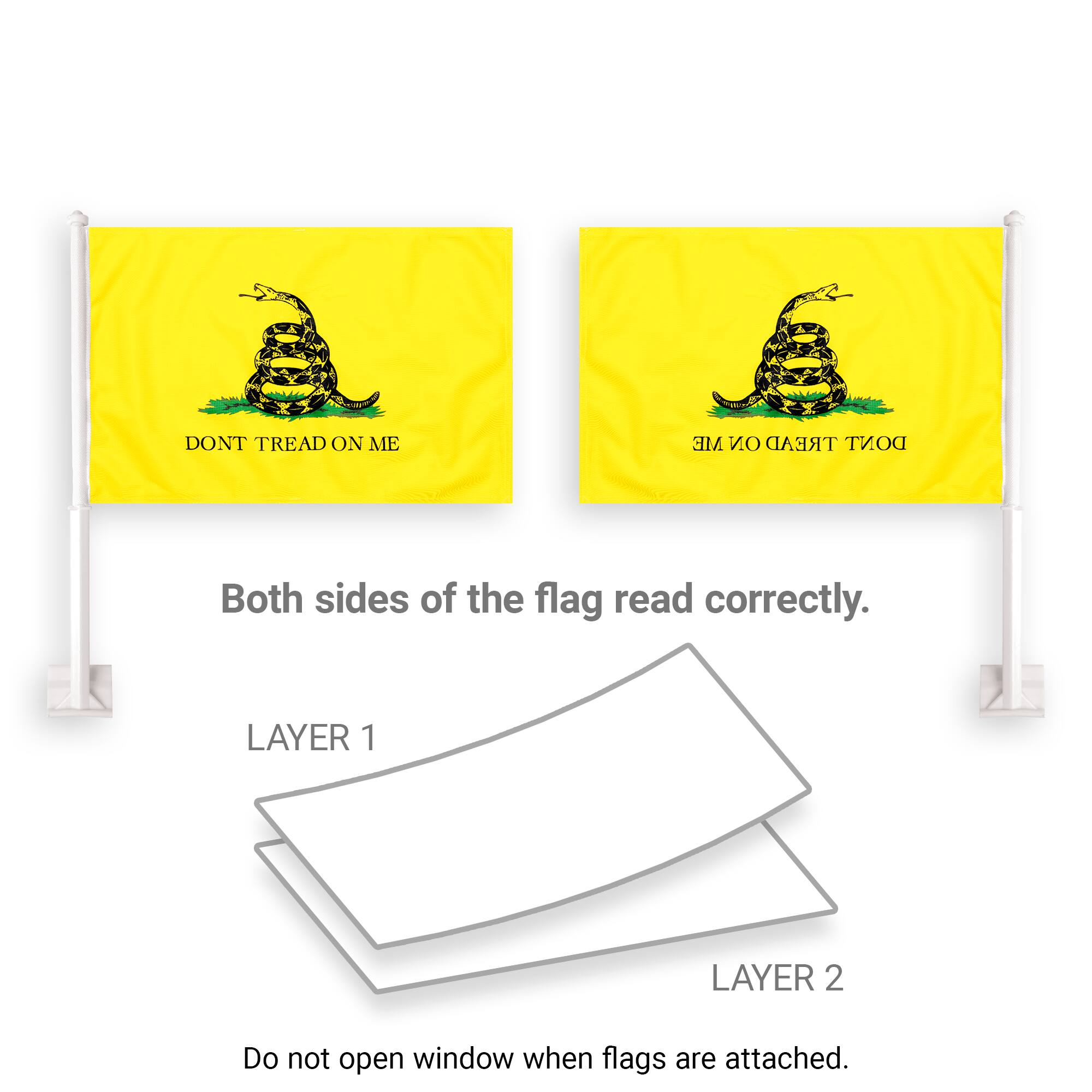 DONT TREAD ON ME  
ME ON TREAD DONT  

Both sides of the flag read correctly.  

LAYER 1  
LAYER 2  

Do not open window when flags are attached.