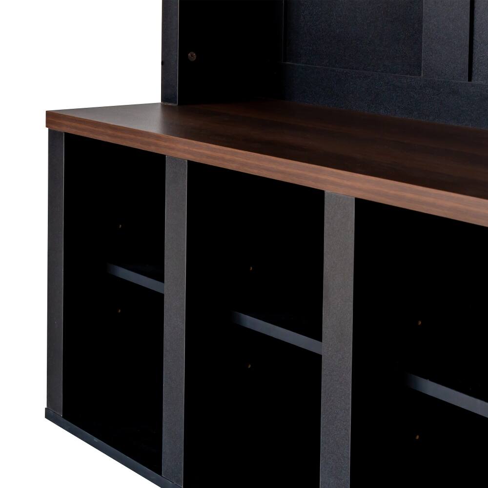 Alt View 10. Loheer - Loheer Farmhouse Wooden Hall Tree, 4-in-1 Entryway Shoe Cabinet, Walnut Storage Bench, 76.7"H - Black and Dark Walnut.