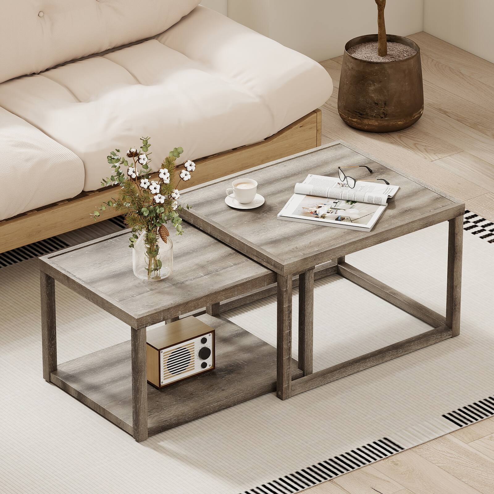 Alt View 1. Gymax - Gymax Nesting Coffee Table Set of 2 Stackable Rectangular End Tables w/ Storage Shelf - Grey.