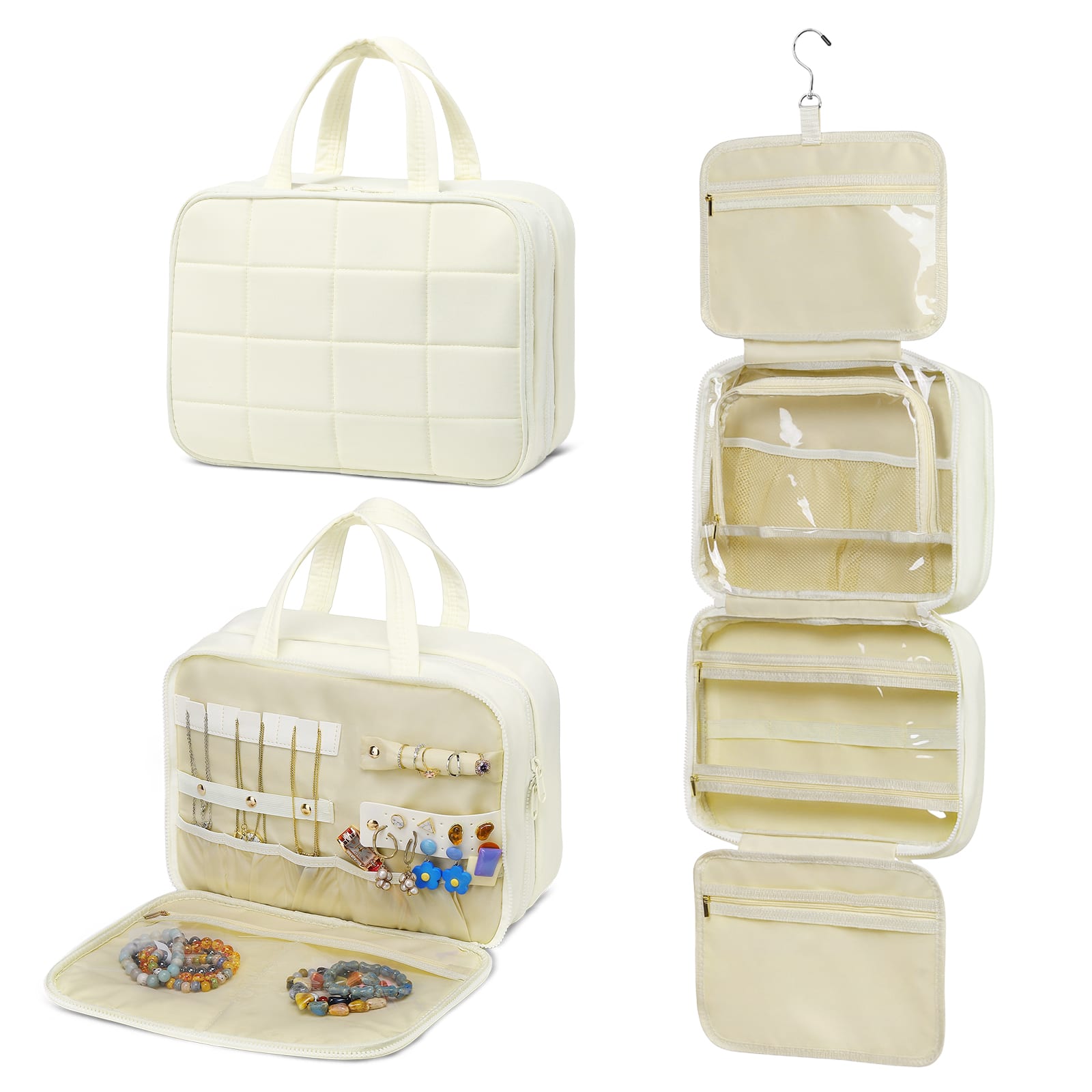 Unique Bargains - Travel Hanging Toiletry Bag for Women, Puffy Makeup Bag with Jewelry Organizer, Waterproof Compartment - Beige price history on PriceWatchPro
