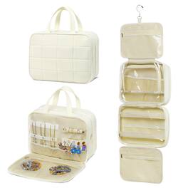 Unique Bargains - Travel Hanging Toiletry Bag for Women, Puffy Makeup Bag with Jewelry Organizer, Waterproof Compartment - Beige