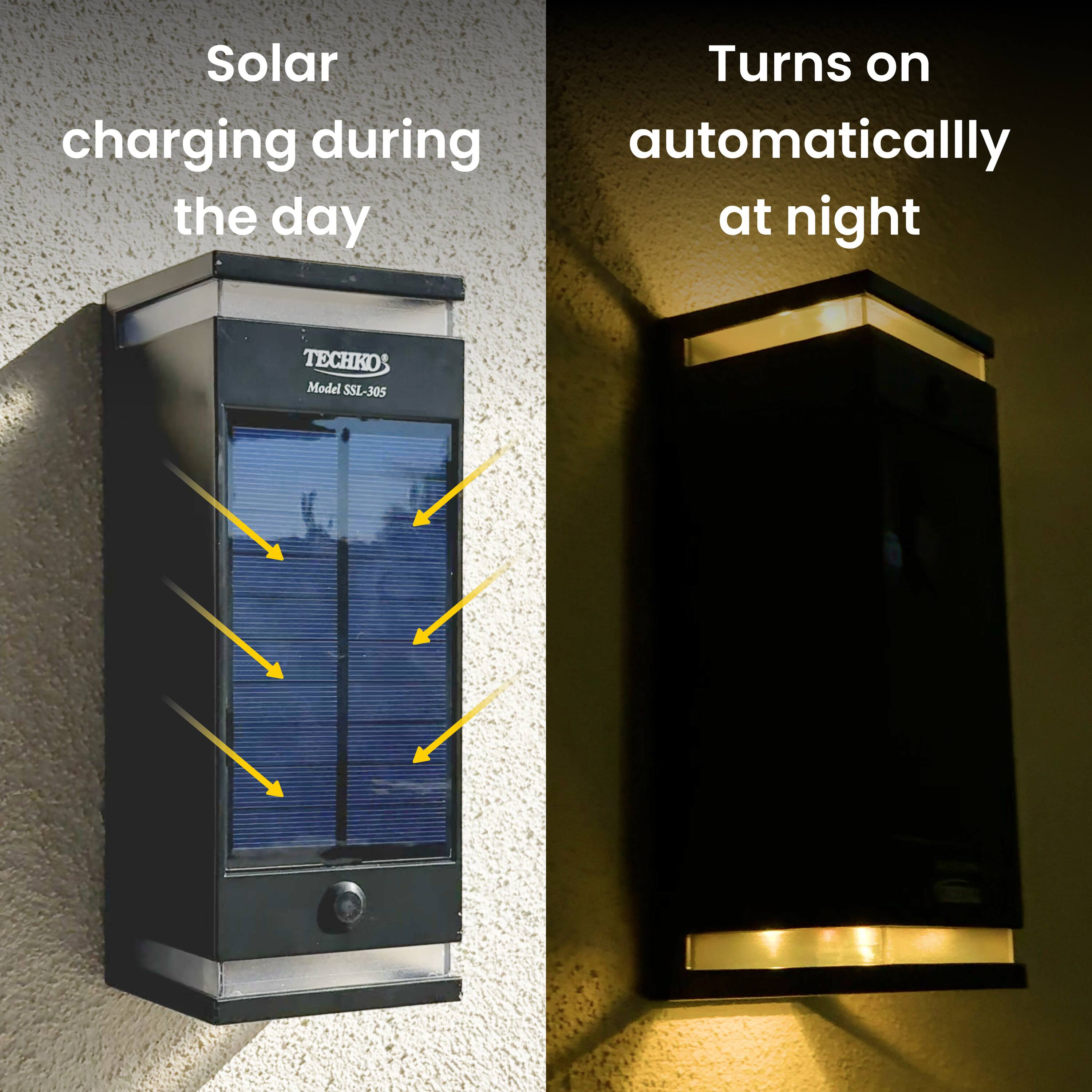Solar charging during the day, turns on automatically at night.