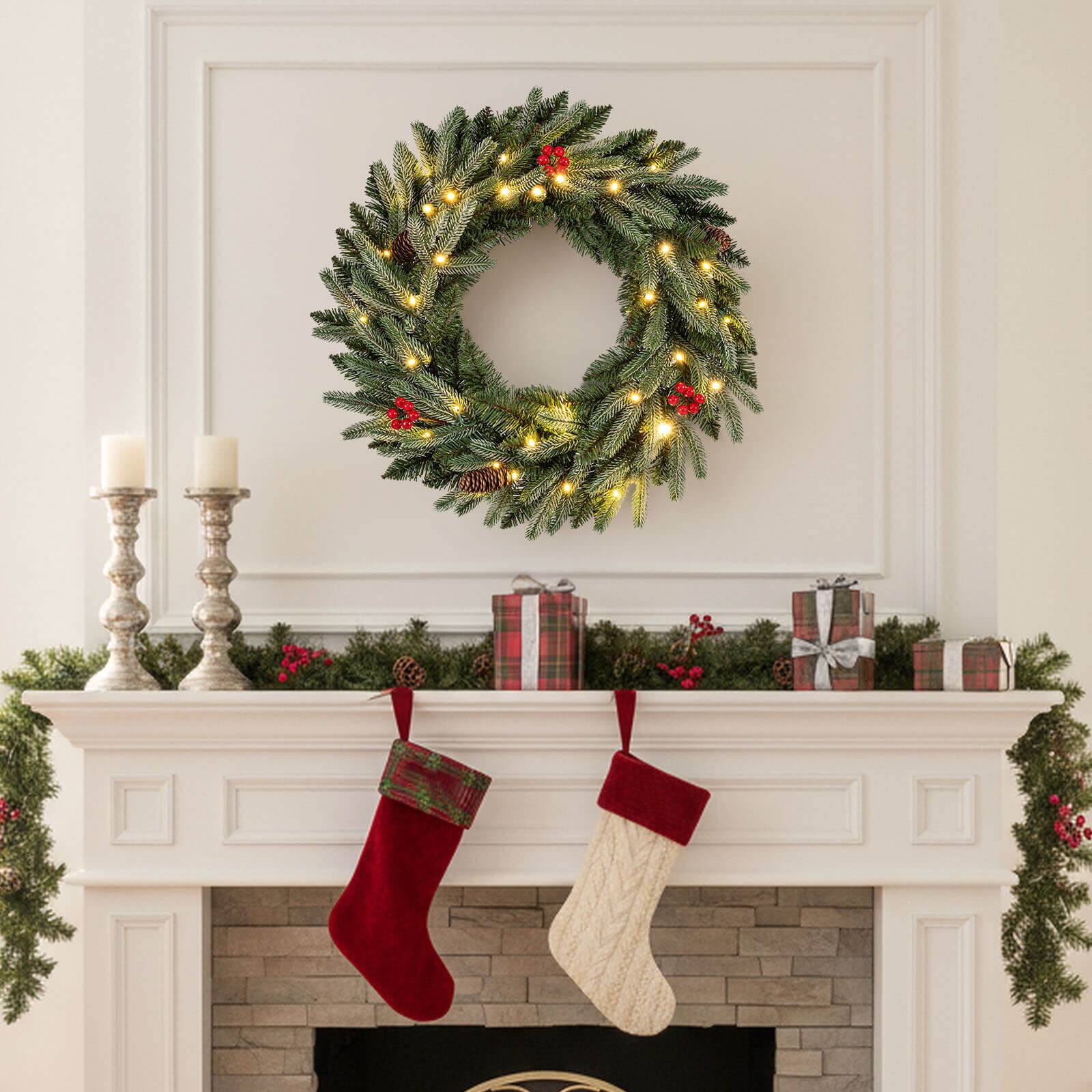 Alt View 1. Costway - Costway 2 PCS 24" Pre-lit Christmas Wreath Front Door Artificial Xmas Wreath with Red Berries - Green.