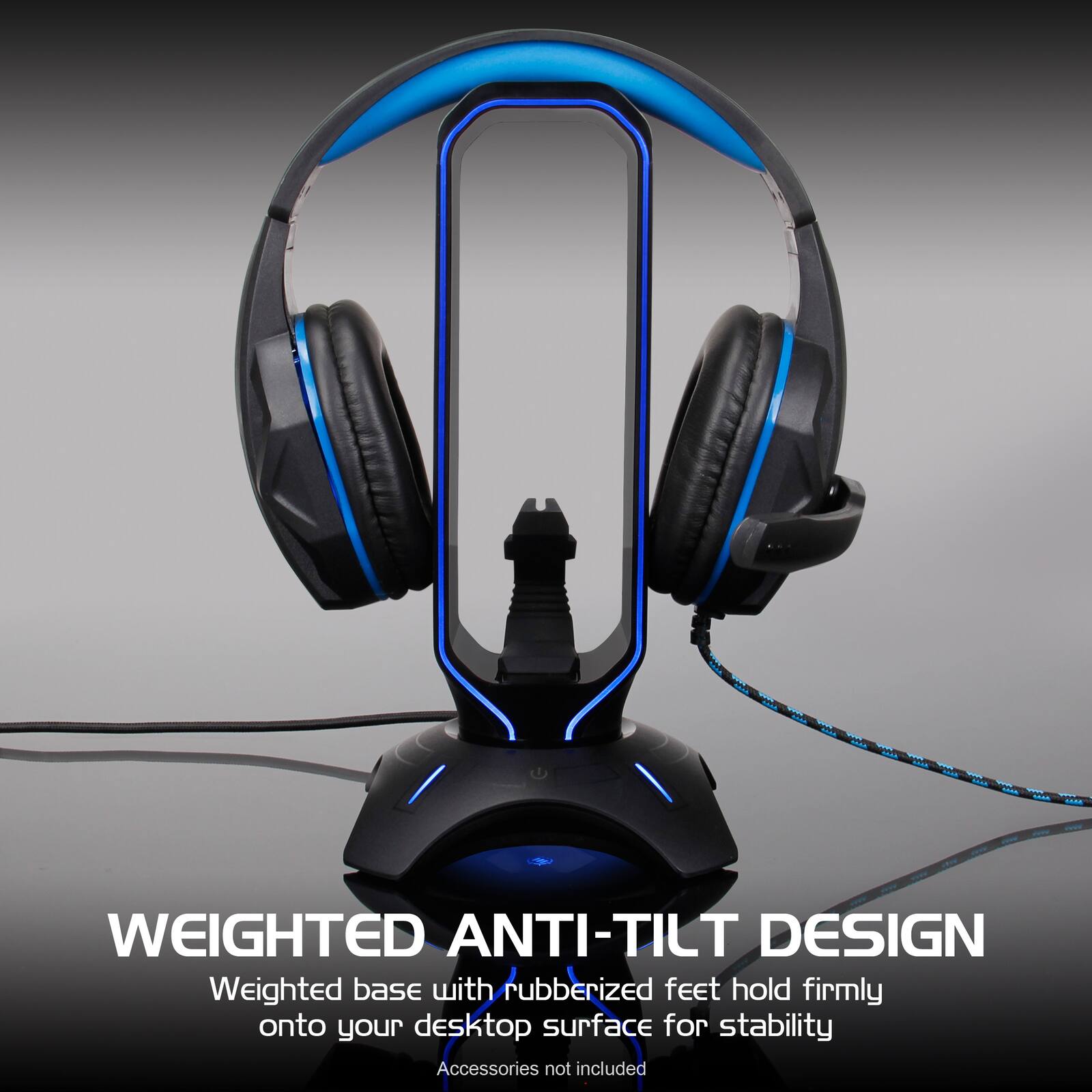 WEIGHTED ANTI-TILT DESIGN  
Weighted base with rubberized feet hold firmly onto your desktop surface for stability  
Accessories not included