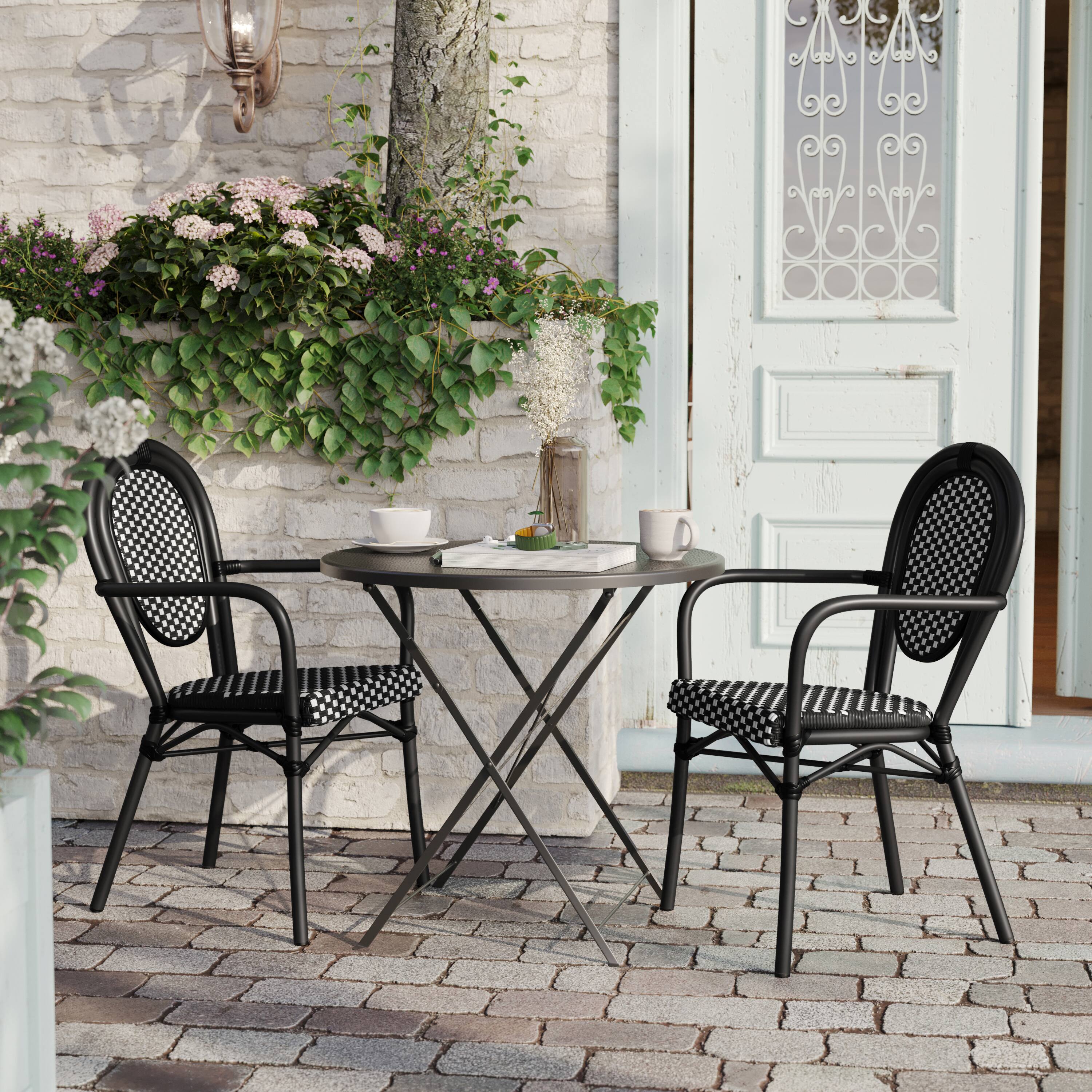 Alt View 3. Flash Furniture - 2 Pack Lourdes Indoor/Outdoor Commercial Thonet Bistro Stacking Chair with Arms, Black and White PE Rattan and Black Alu - Black.