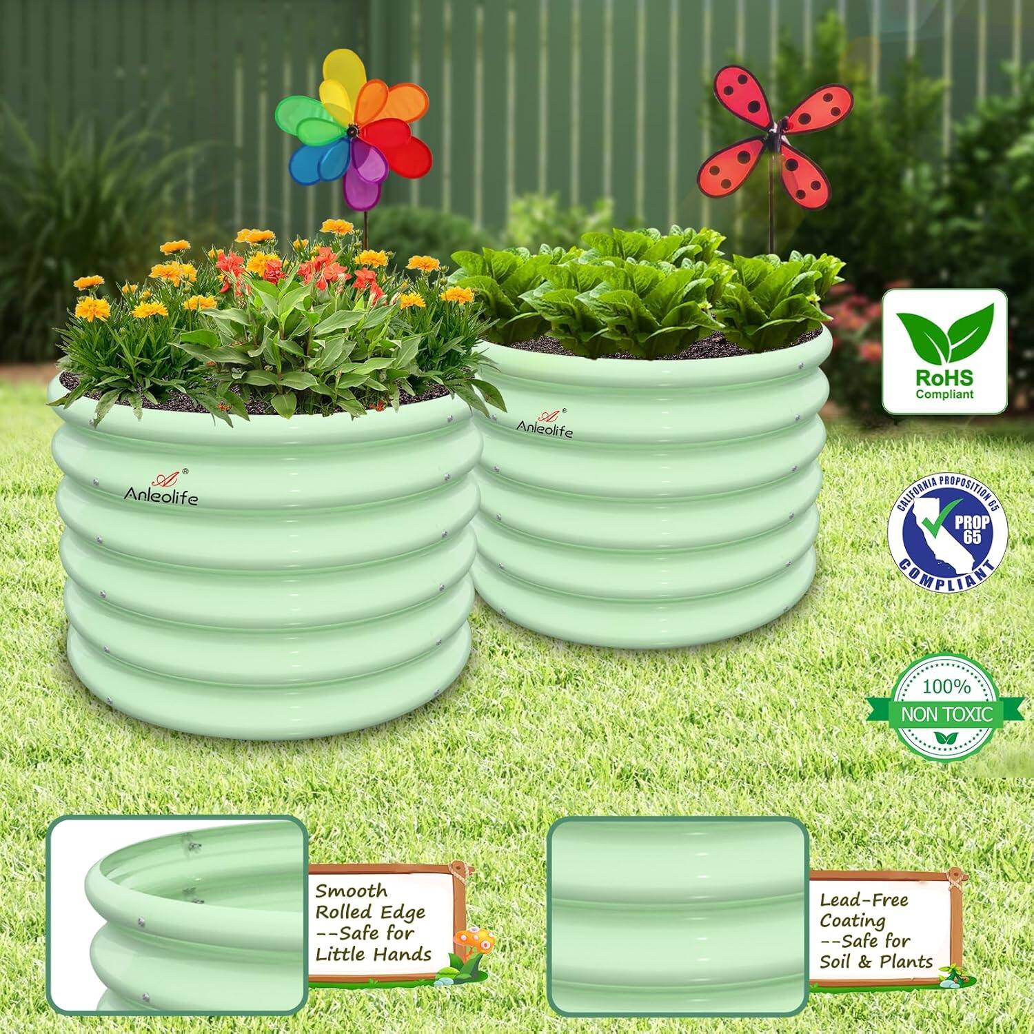 - RoHS Compliant
- California Proposition 65 Compliant
- 100% Non-Toxic
- Smooth Rolled Edge -- Safe for Little Hands
- Lead-Free Coating -- Safe for Soil & Plants