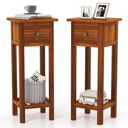 Costway - 2PCS Solid Wood Side Table with Acacia Wood Top Drawer & Open Shelf Small Nightstand - Natural