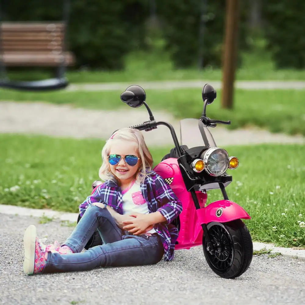 Angle. BreeBe - Qaba 6V Kids Electric 3-Wheel Motorcycle, Chopper Ride On w/ Headlights, Music, Forward & Reverse, Ages 3-6 - Pink.