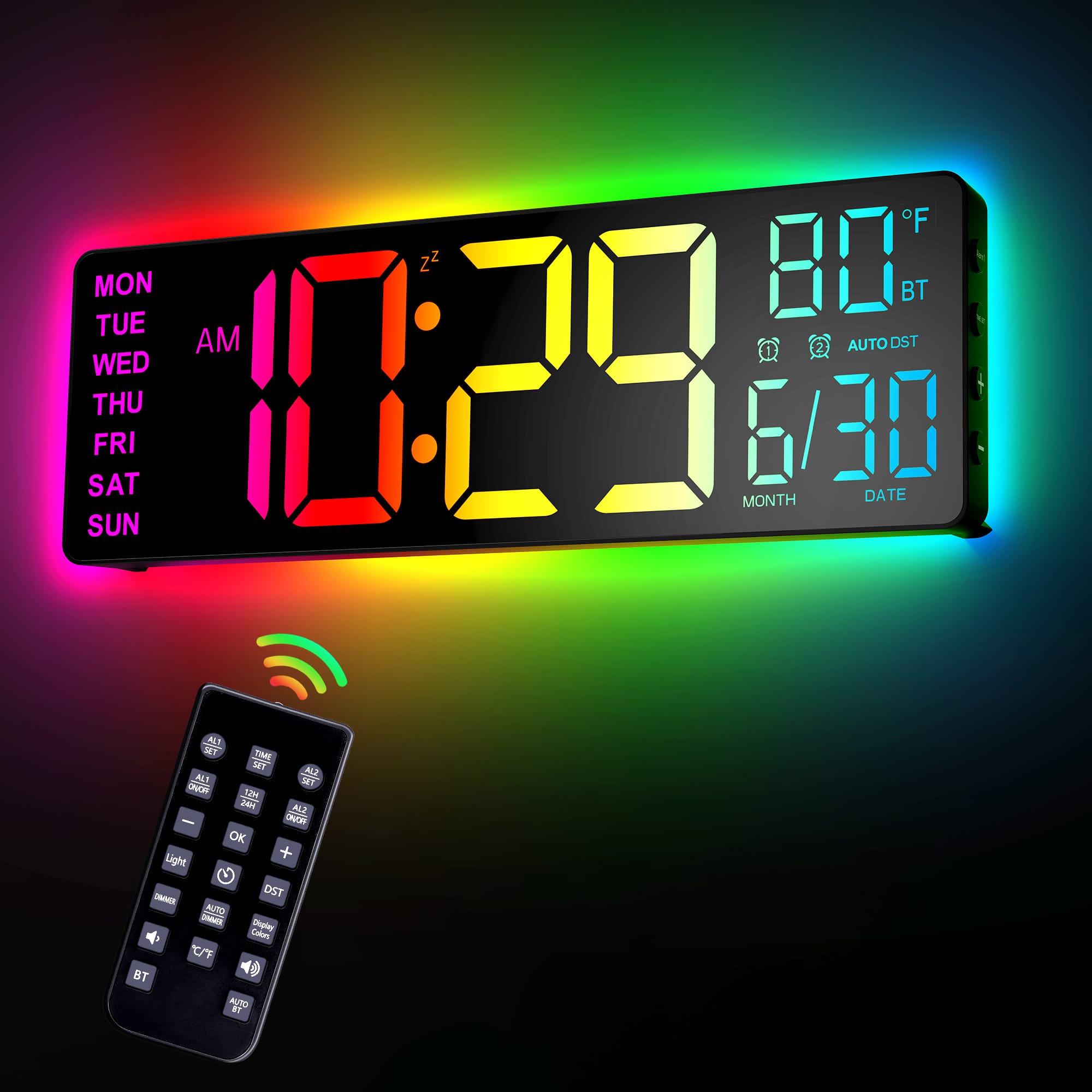 Easyera - 12" Digital Wall Clock for Classroom with LED Display RGB Lights, BIuetooth Sync, Auto DST, Remote Control, Temperature - Black