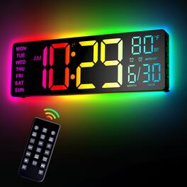 Easyera - 12" Digital Wall Clock for Classroom with LED Display RGB Lights, BIuetooth Sync, Auto DST, Remote Control, Temperature - Black