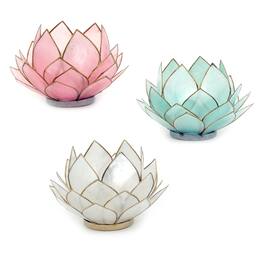 Things2Die4 - Set of 3 Capiz Shell Blooming Lotus Flower Tealight Candle Holders White, Light Blue, Pink - Multicolored