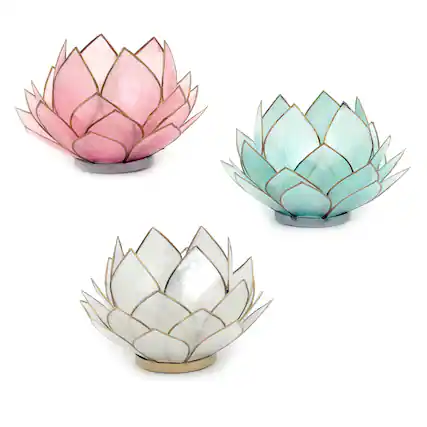 Front. Things2Die4 - Set of 3 Capiz Shell Blooming Lotus Flower Tealight Candle Holders White, Light Blue, Pink - Multicolored.