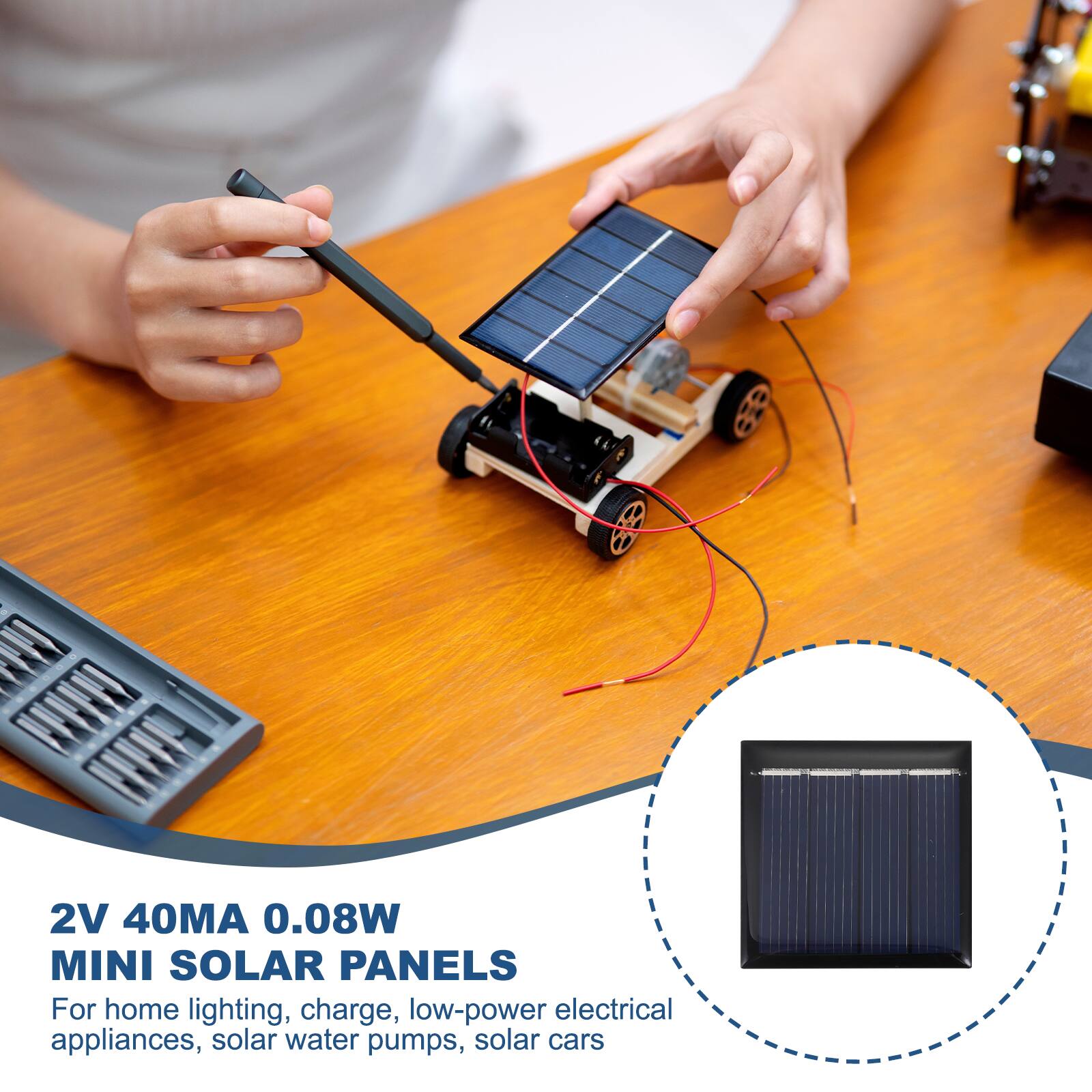 2V 40MA 0.08W MINI SOLAR PANELS

For home lighting, charge, low-power electrical appliances, solar water pumps, solar cars