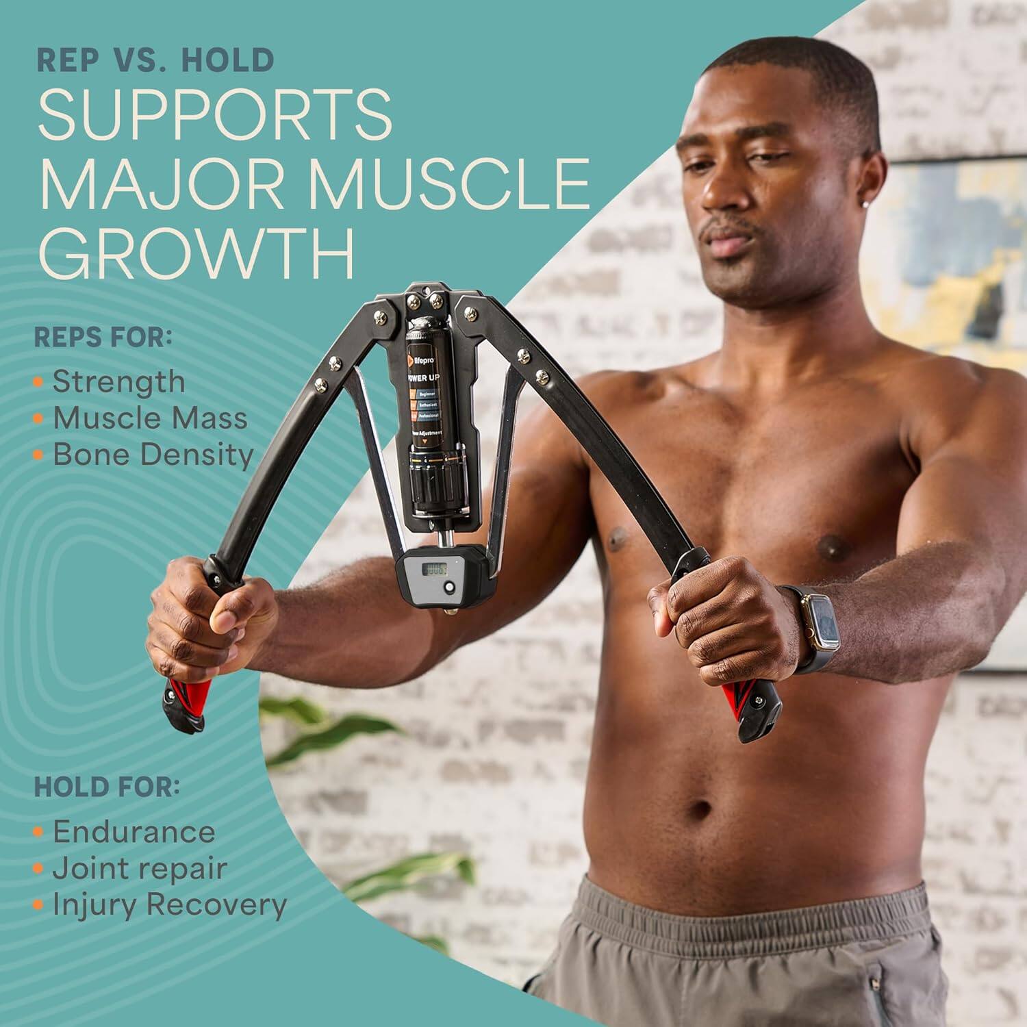REP VS. HOLD  
SUPPORTS MAJOR MUSCLE GROWTH  

REPS FOR:  
- Strength  
- Muscle Mass  
- Bone Density  

HOLD FOR:  
- Endurance  
- Joint repair  
- Injury Recovery