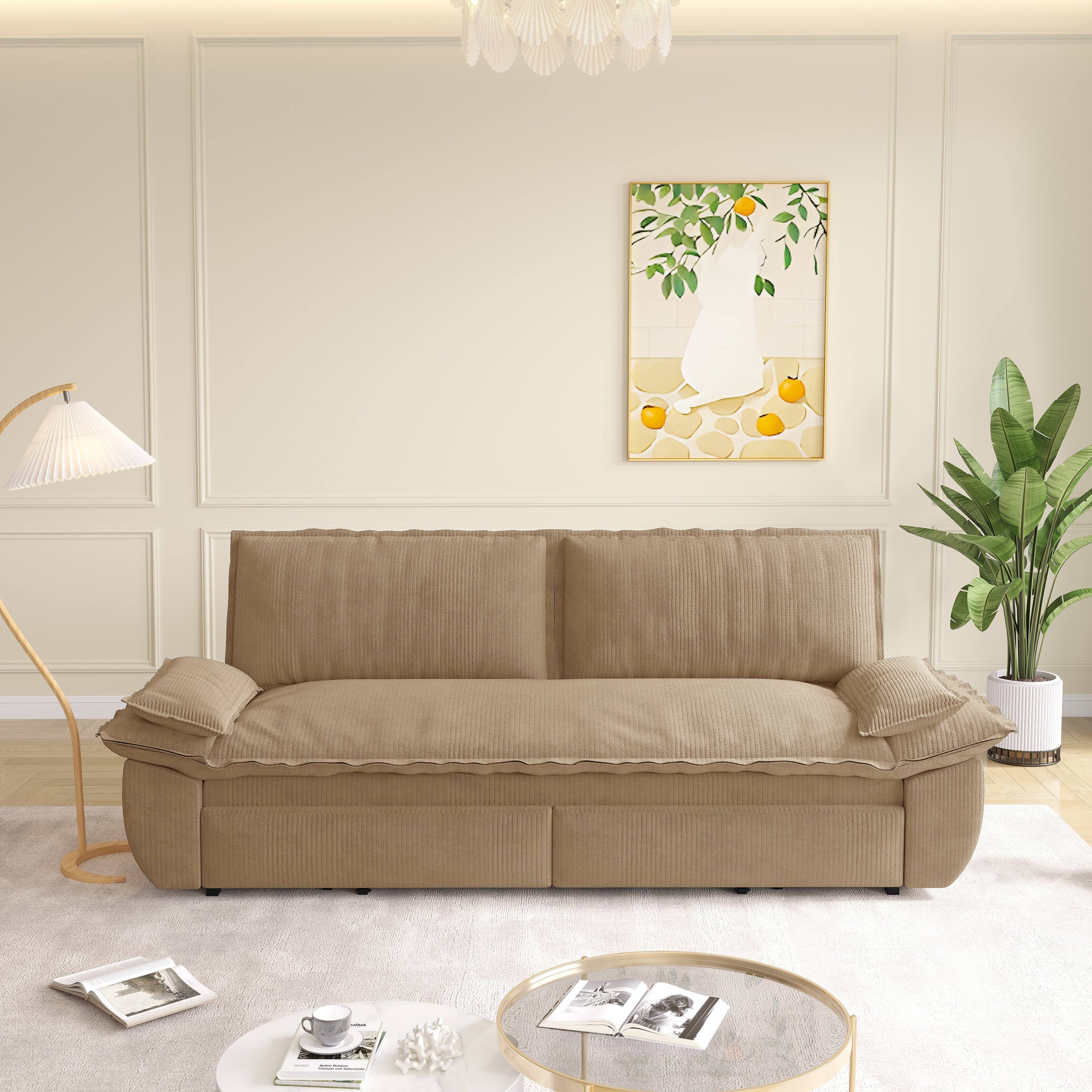 Alt View 1. Anysun - 73.2" 3-in-1 Corduroy Convertible Sleeper Sofa Bed - Queen Pull-Out Loveseat - Camel.