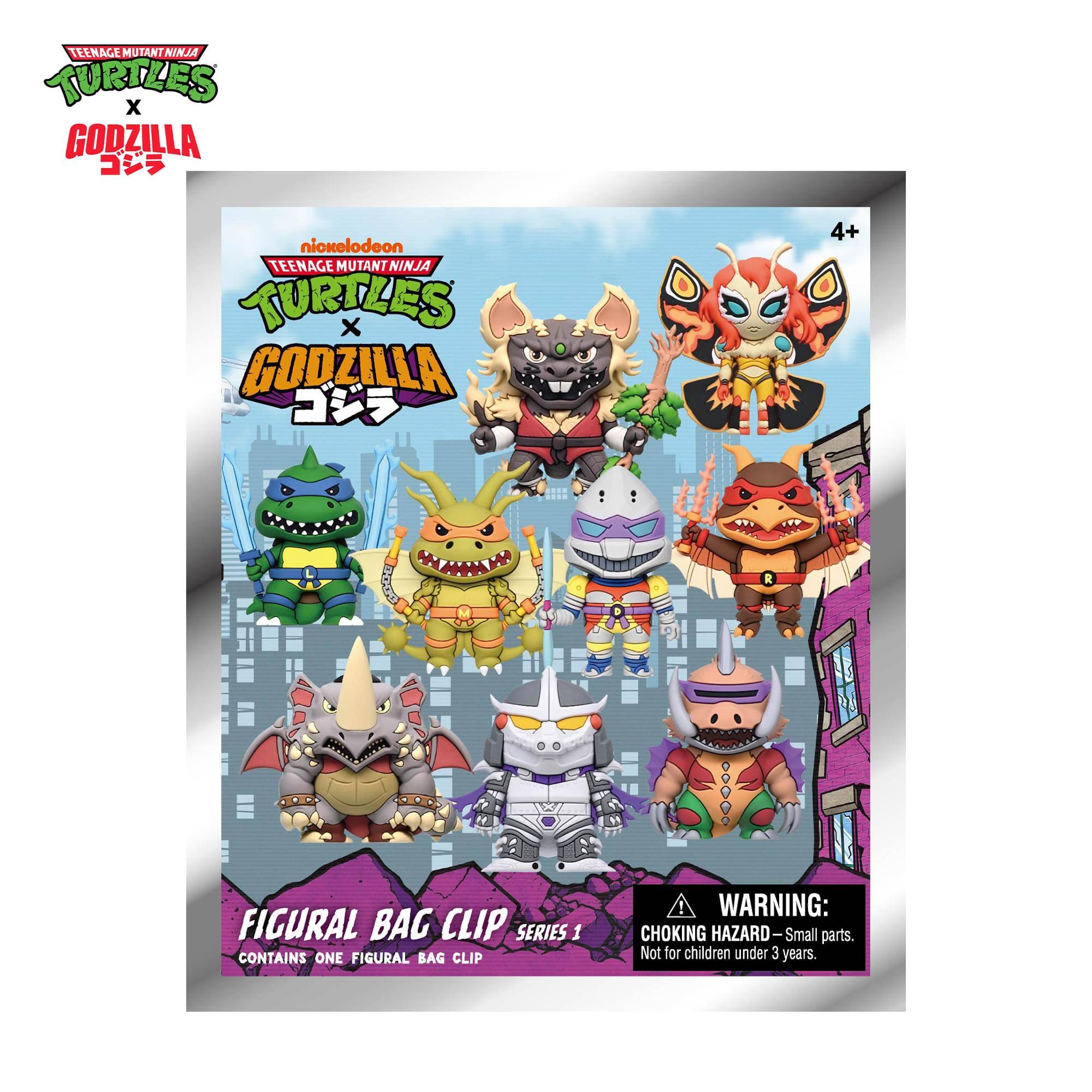 TEENAGE MUTANT NINJA TURTLES X GODZILLA  
nickelodeon TEENAGE MUTANT NINJA TURTLES X GODZILLA  
4+  
FIGURAL BAG CLIP SERIES 1 CONTAINS ONE FIGURAL BAG CLIP  
WARNING: CHOKING HAZARD - Small parts. Not for children under 3 years.