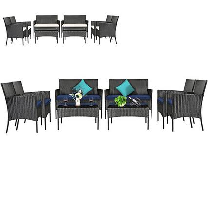 Front. Gymax - Gymax 8PCS Outdoor Furniture Set Patio Rattan Conversation Set w/ Navy & Off White Cushion - Navy, Off White.