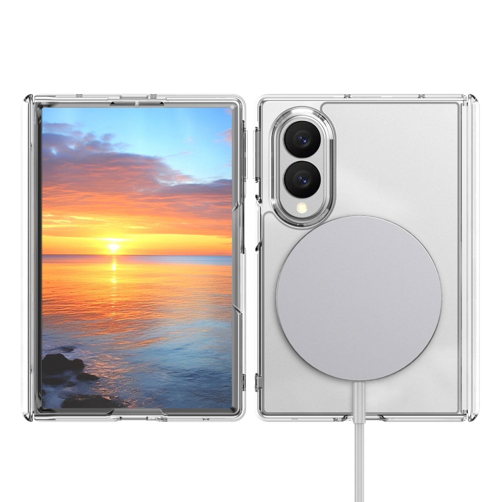 Angle. Dteck - Shockproof Phone Case for Samsung Galaxy Z Fold8 Built in Screen Film, Clear Magnetic Cover with Full Hinge Protection - Clear.