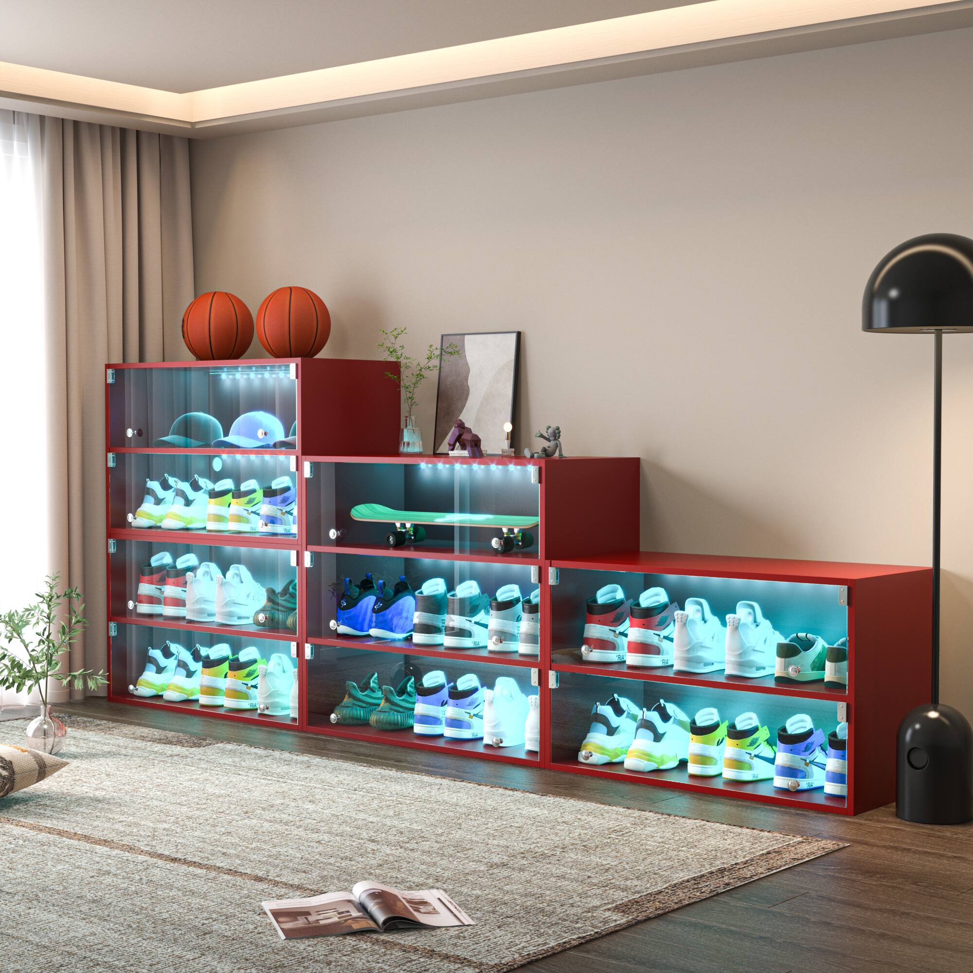 Alt View 1. GOODSILO - Modern Glass Door Shoe Storage Cabinet with LED Lighting for Sneaker Display and Protection - Red.