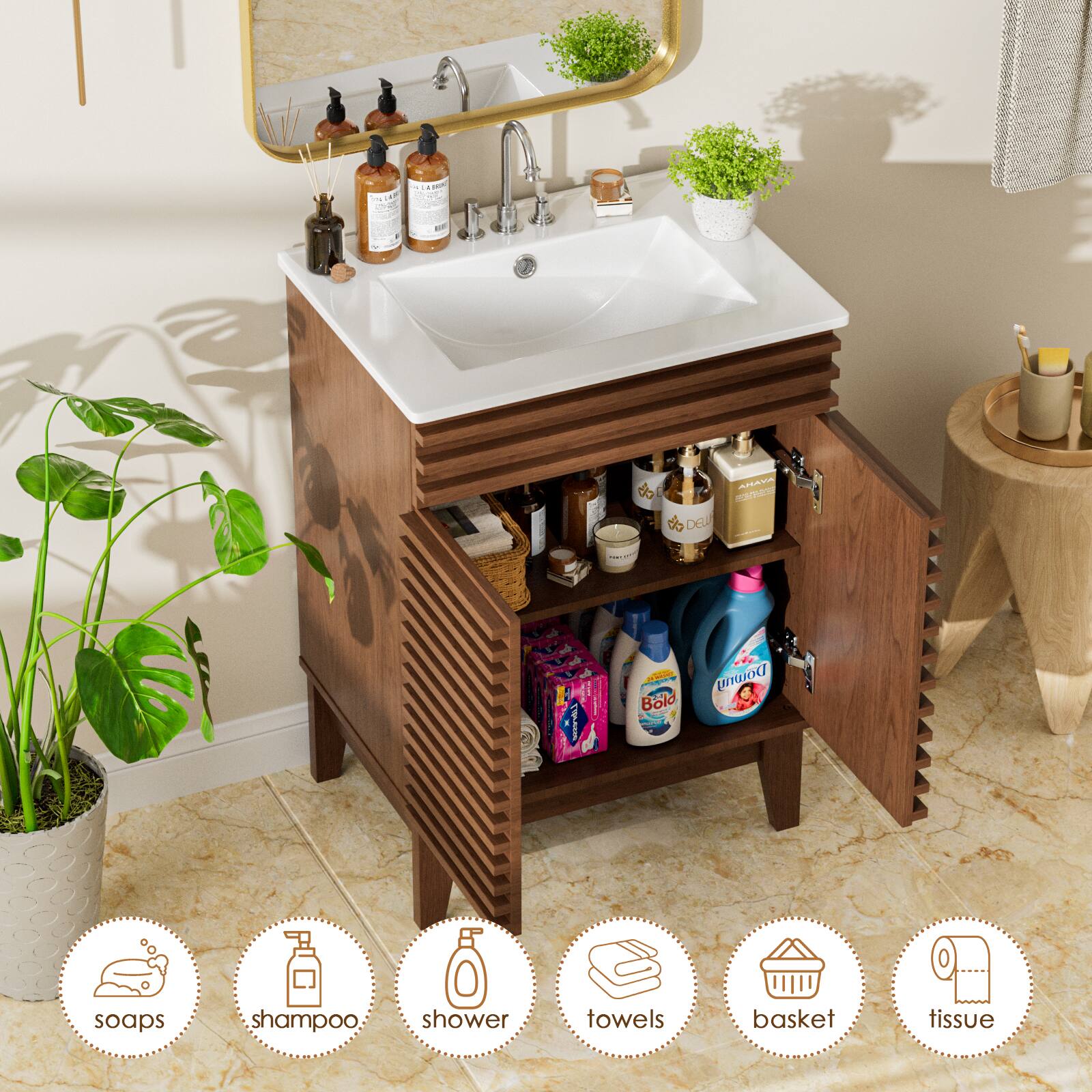 soaps, shampoo, shower, towels, basket, tissue