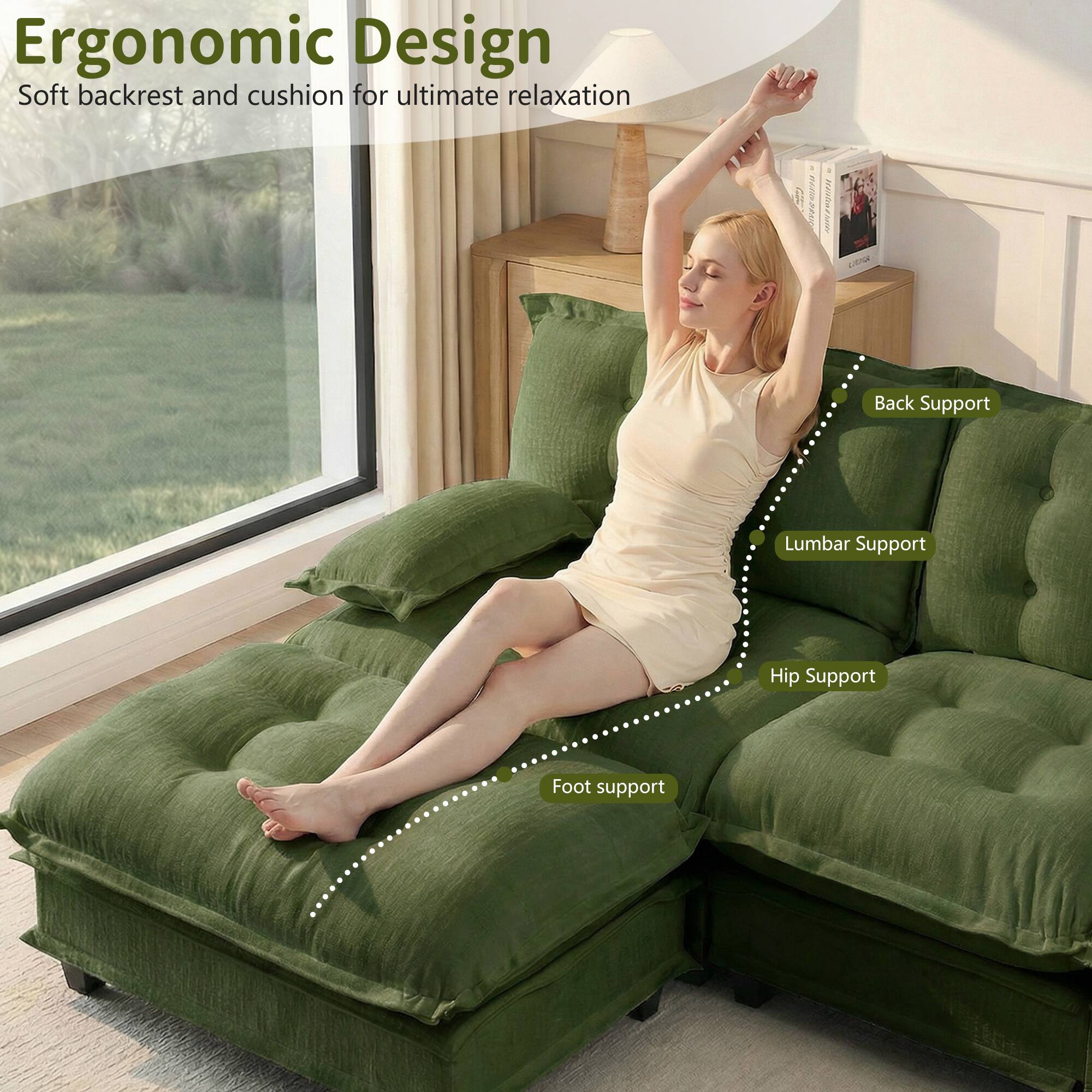 Ergonomic Design  
Soft backrest and cushion for ultimate relaxation  

- Back Support  
- Lumbar Support  
- Hip Support  
- Foot Support