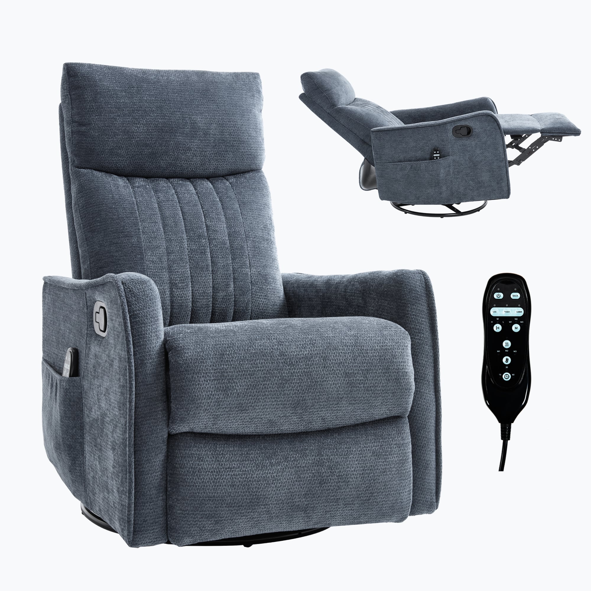 LUCKY ONE - Chenille Manual Recliner Chair with 360° Swivel, Rocker, Massage and Lumbar Heat - Light Gray
