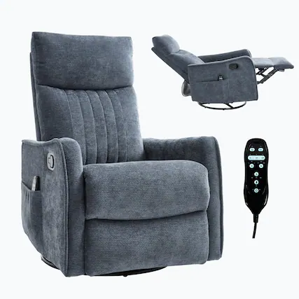 Front. LUCKY ONE - Chenille Manual Recliner Chair with 360° Swivel, Rocker, Massage and Lumbar Heat - Blue.