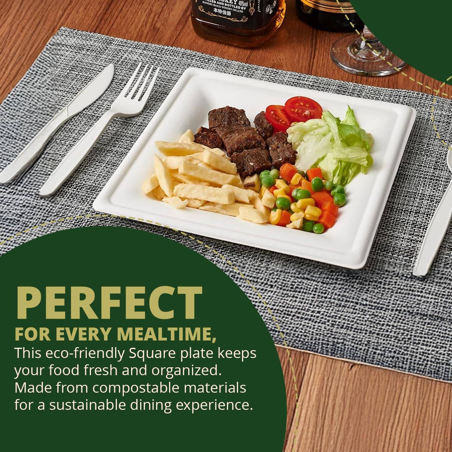 PERFECT FOR EVERY MEALTIME,

This eco-friendly Square plate keeps your food fresh and organized. Made from compostable materials for a sustainable dining experience.