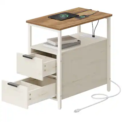 Front. Songmics Home - Side End Table with Charging Station,Slim Nightstand with 2 Drawers,Narrow Bedside Table for Living Room,Small Spaces - Honey Brown and Rustic White.